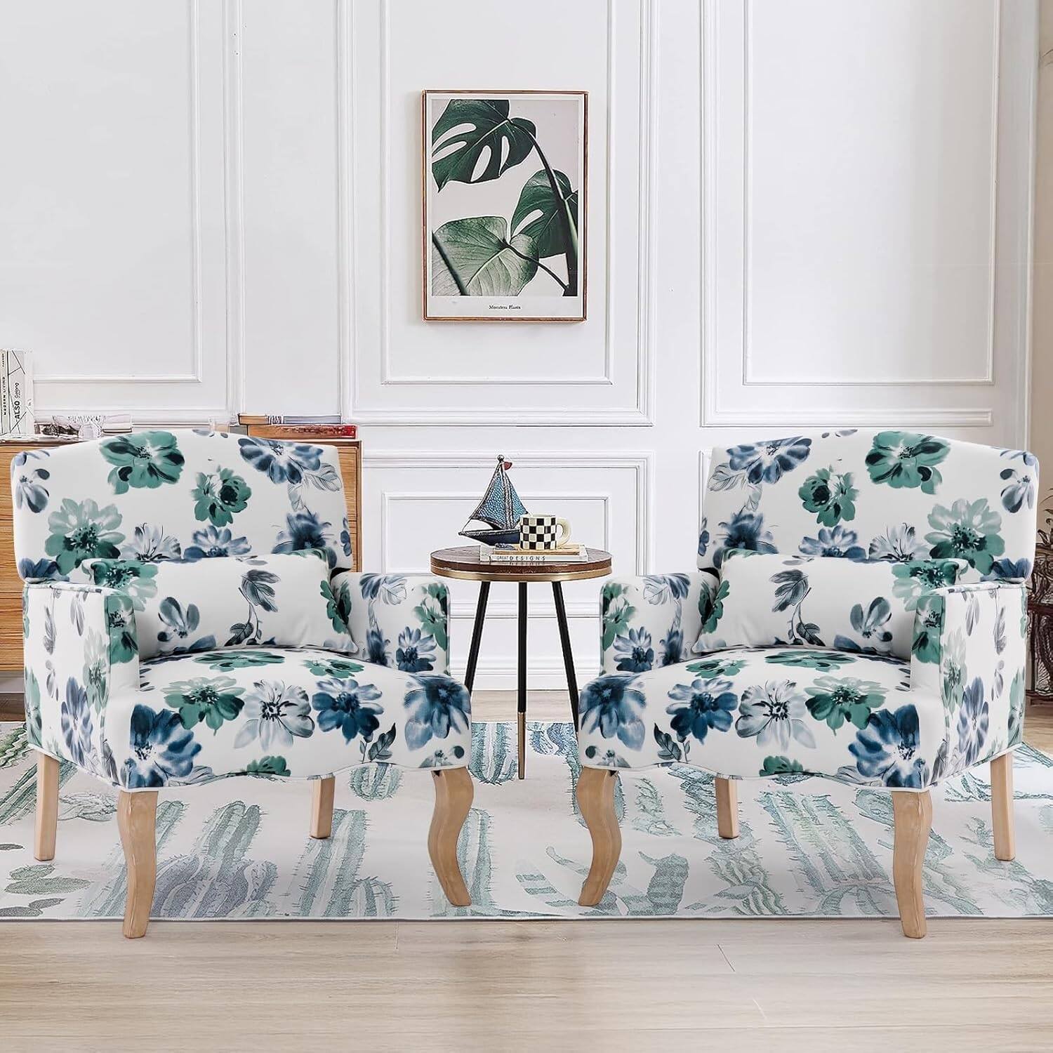 Left. U-HOMY - Mid-Century Accent Chair with Floral Fabric, Solid Wood Frame & High-Resilience Foam for Living Room - Green/Blue.