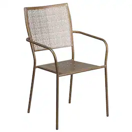 Emma + Oliver - Commercial Grade Colorful Metal Patio Arm Chair with Square Back - Gold