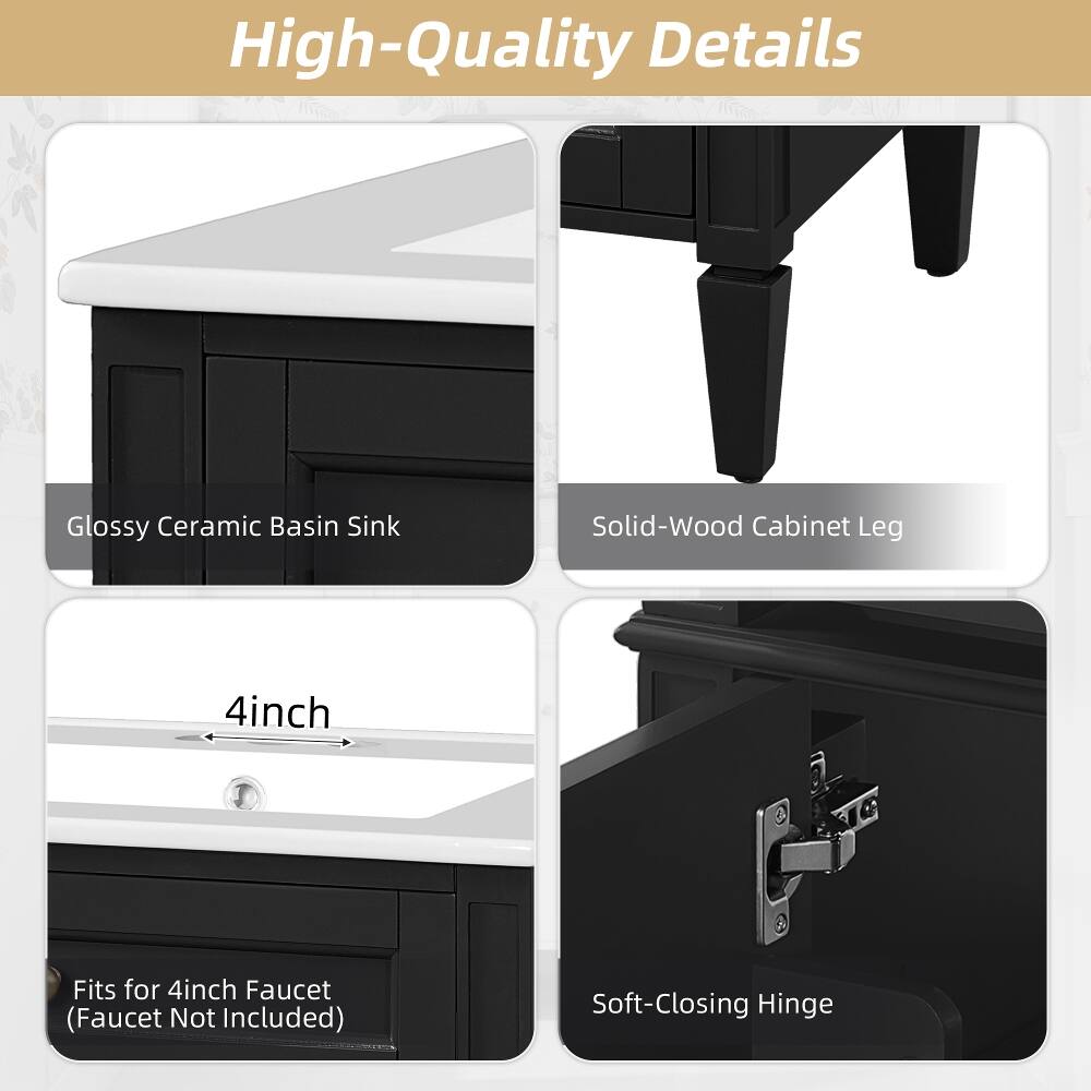 High-Quality Details

- Glossy Ceramic Basin Sink
- Solid-Wood Cabinet Leg
- 4inch
- Fits for 4inch Faucet (Faucet Not Included)
- Soft-Closing Hinge