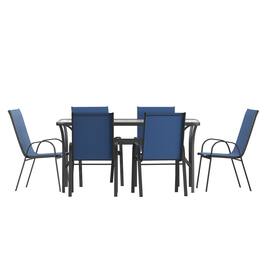 Flash Furniture - Brazos 7 Piece Commercial Grade Patio Dining Set with Tempered Glass Patio Table and 6 Chairs with Navy Flex Comfort Mat - Blue