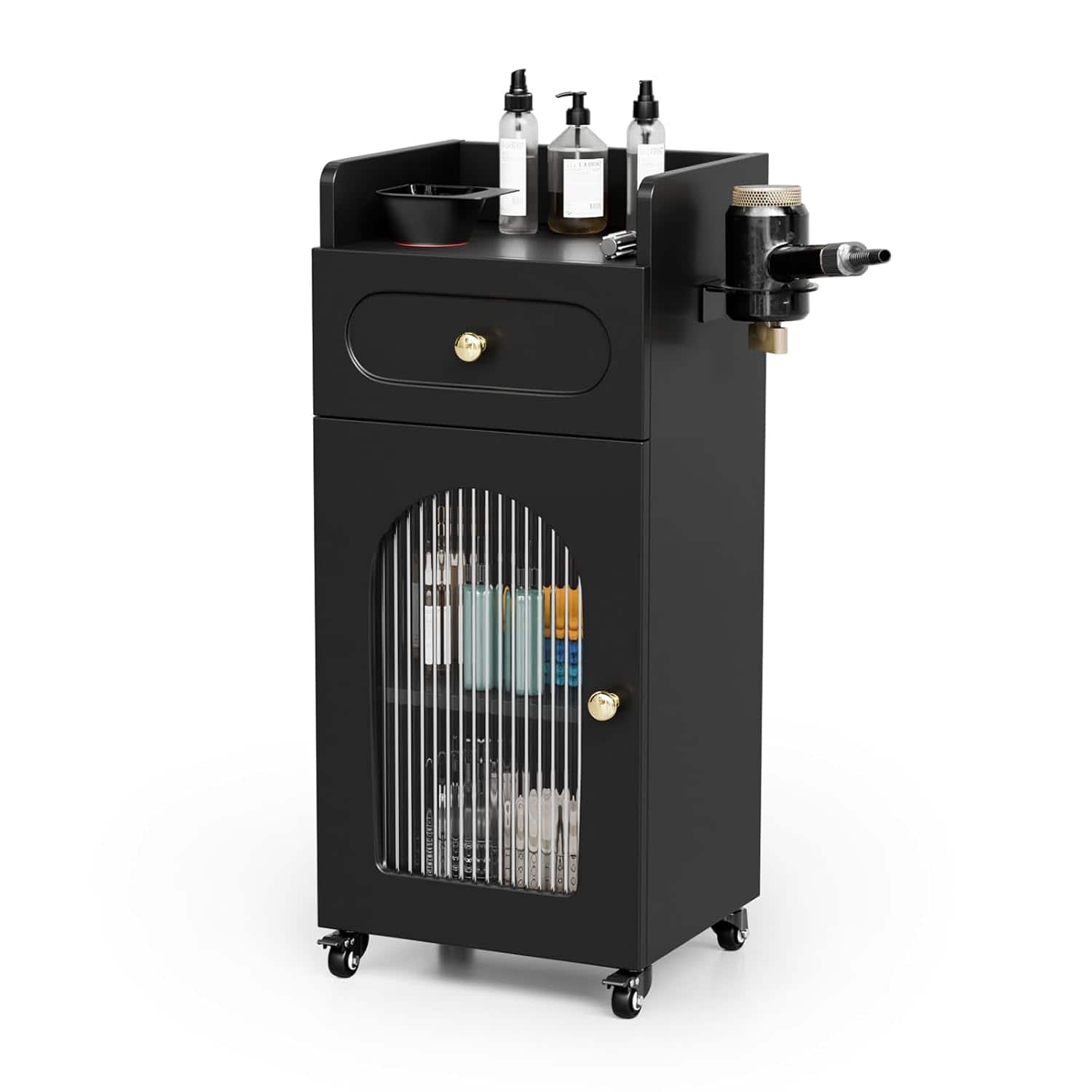 Winado - Mobile Salon Trolley Cart Rolling Salon Station with Glass Door & Storage Space & Lockable Wheels for Barber Beauty Spa - Black