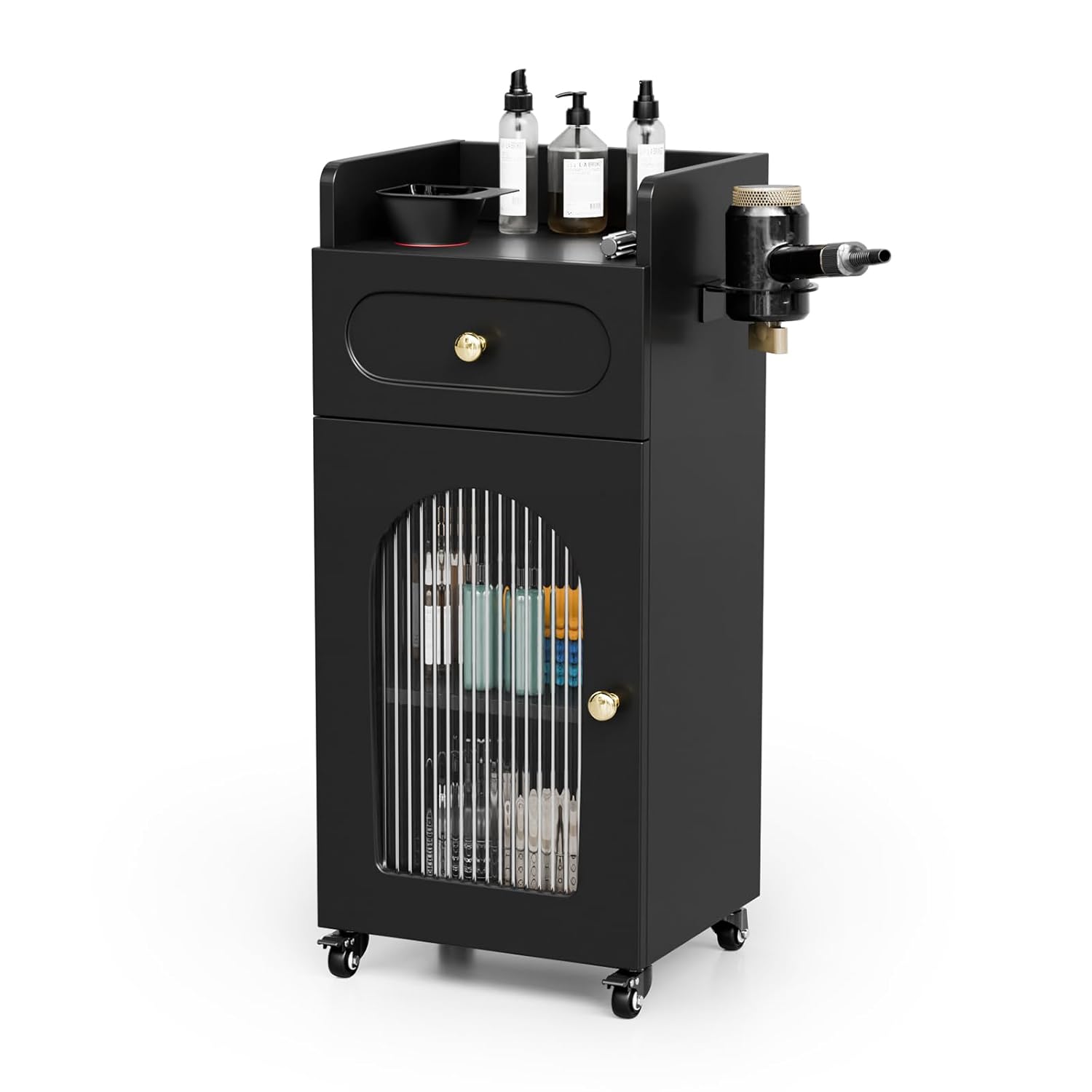 Front. Winado - Salon Trolley Cart Rolling Salon Station with Glass Door & Storage Space for Barber Beauty Spa - Black.