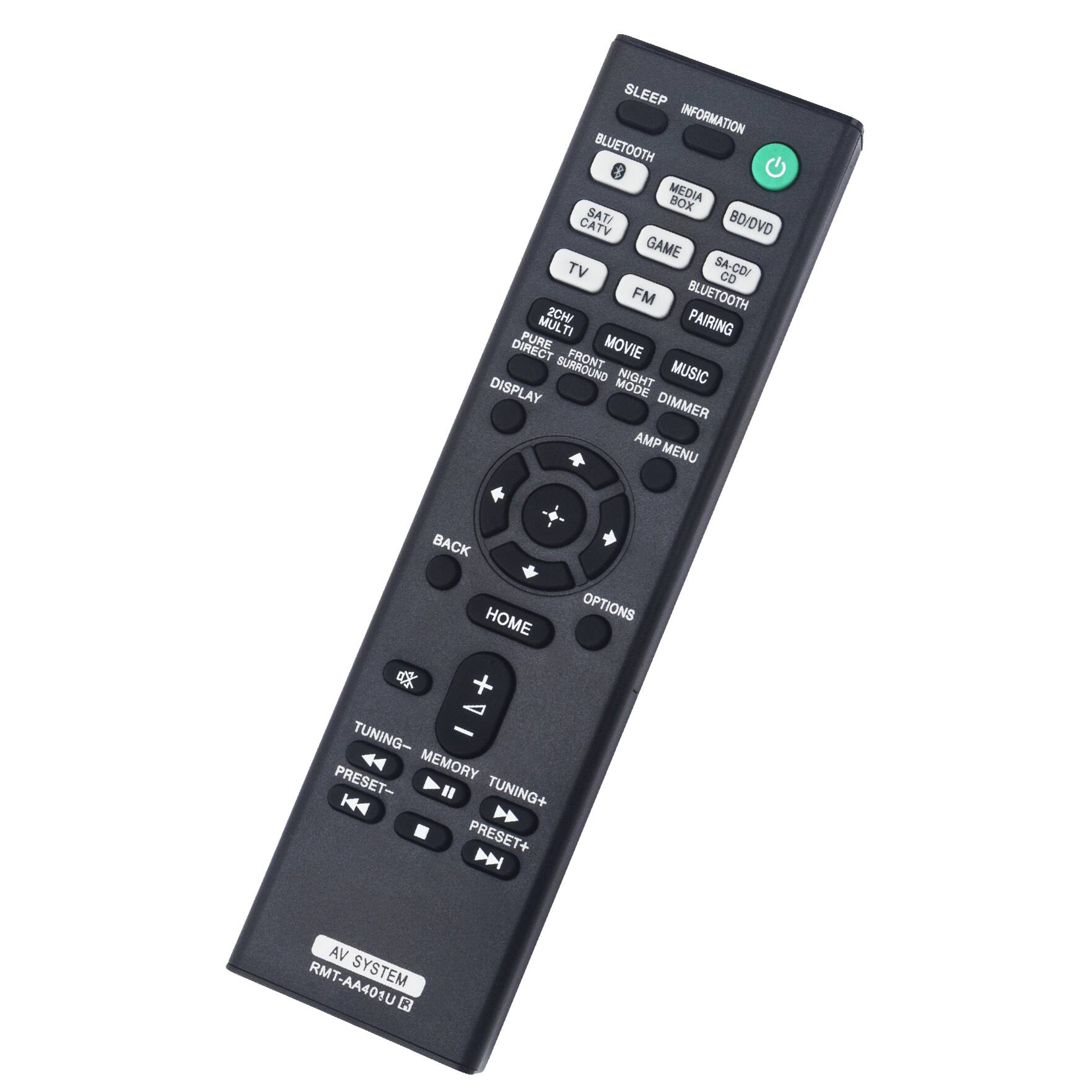 SLEEP INFORMATION  
BLUETOOTH  
MEDIA BOX  
SATI  
BD/DVD  
CATV  
GAME  
TV  
SA-CD/CD  
FM  
BLUETOOTH  
2CH  
PAIRING  
MULTI  
DIRECT  
PURE  
MOVIE  
SURROUND  
FRONT  
MUSIC  
DISPLAY  
MODE  
DIMMER  
AMP  
MENU  
BACK  
HOME  
OPTIONS  
TUNING-  
PRESET-  
MEMORY  
TUNING+  
PRESET+  
AV SYSTEM  
RMT-AA401U