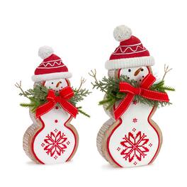BreeBe - Nordic Snowflake Snowman Figurine with Pine Bow Accent (Set of 2) - White, Red, Green