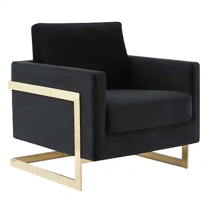 Front. LeisureMod - Lincold Modern Velvet Accent Chair, Gold Stainless Steel Sled Base Upholstered Armchair - Fully Assembled - Midnight Black.