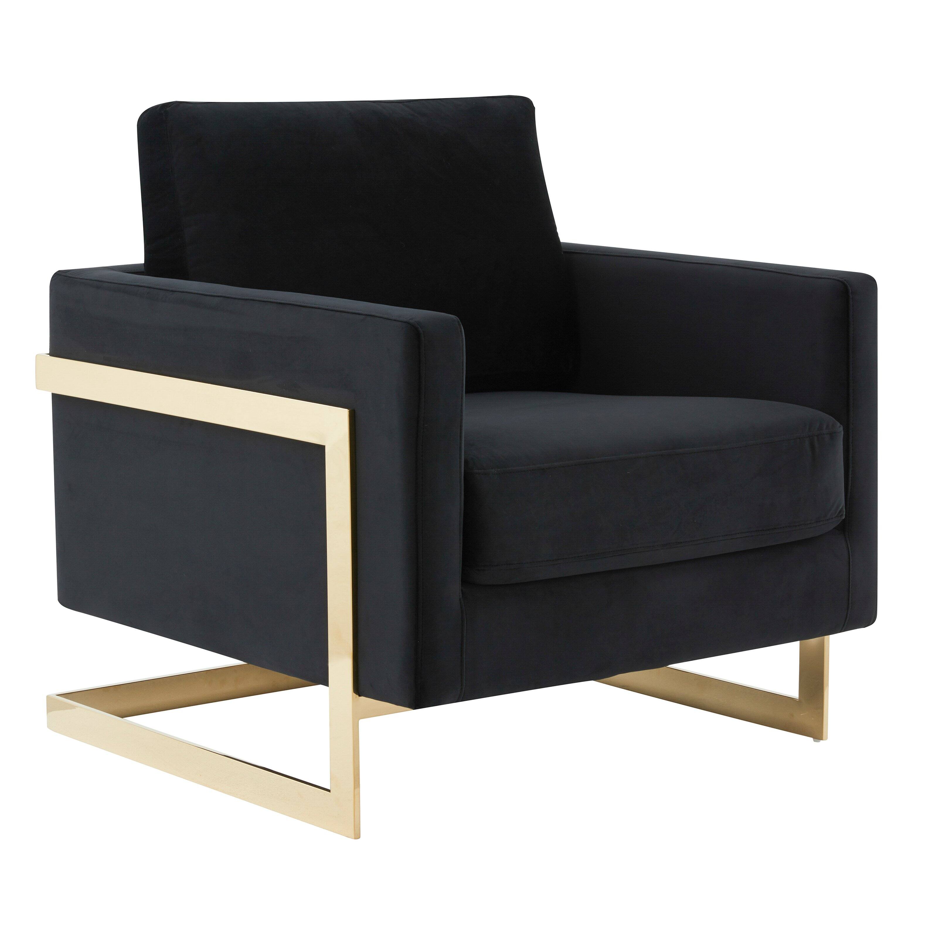 Front. LeisureMod - Lincold Modern Velvet Accent Chair, Gold Stainless Steel Sled Base Upholstered Armchair - Fully Assembled - Midnight Black.