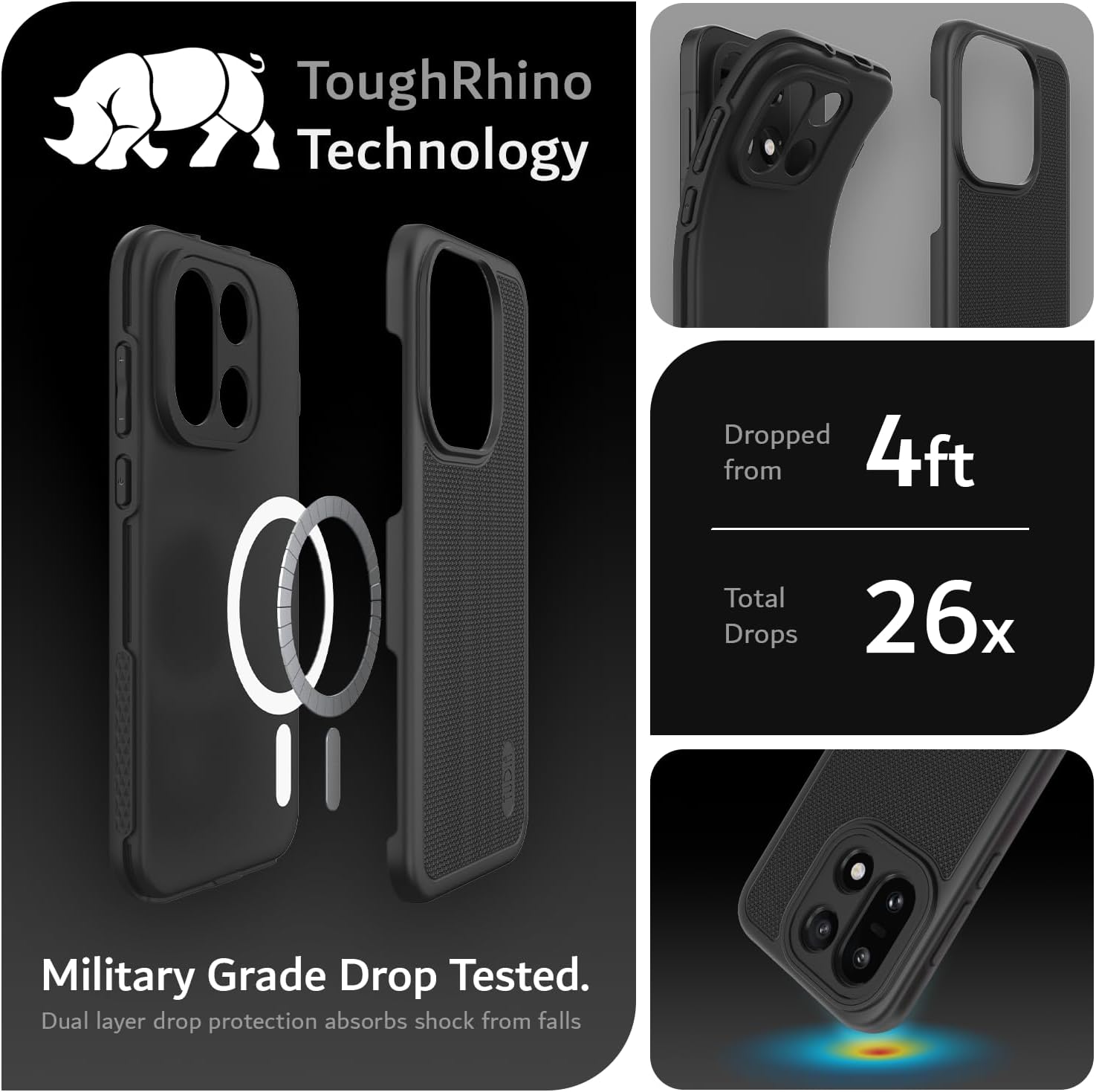ToughRhino Technology

Dropped from 4ft  
Total Drops 26x

Military Grade Drop Tested.  
Dual layer drop protection absorbs shock from falls
