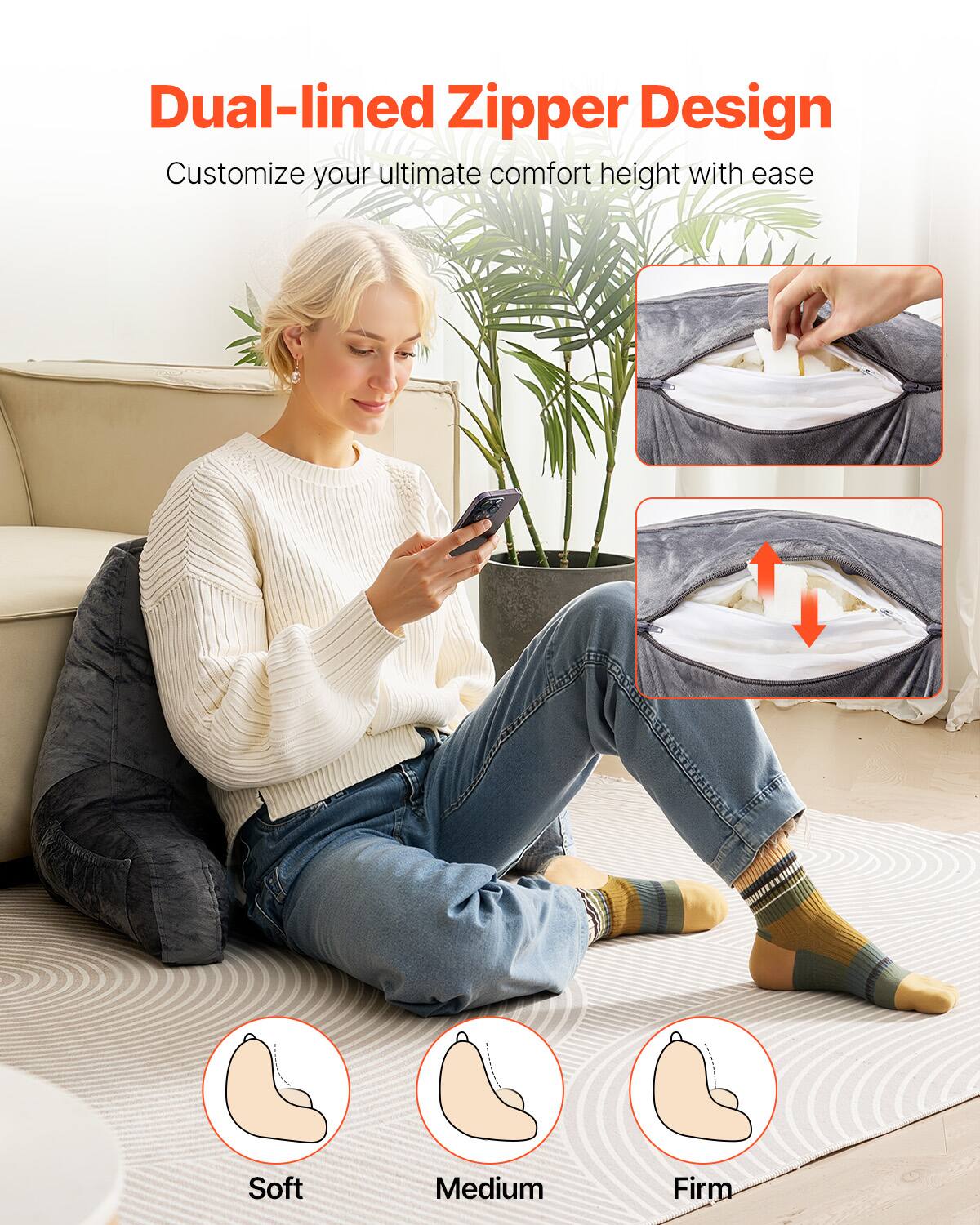 Dual-lined Zipper Design  
Customize your ultimate comfort height with ease  

Soft  
Medium  
Firm