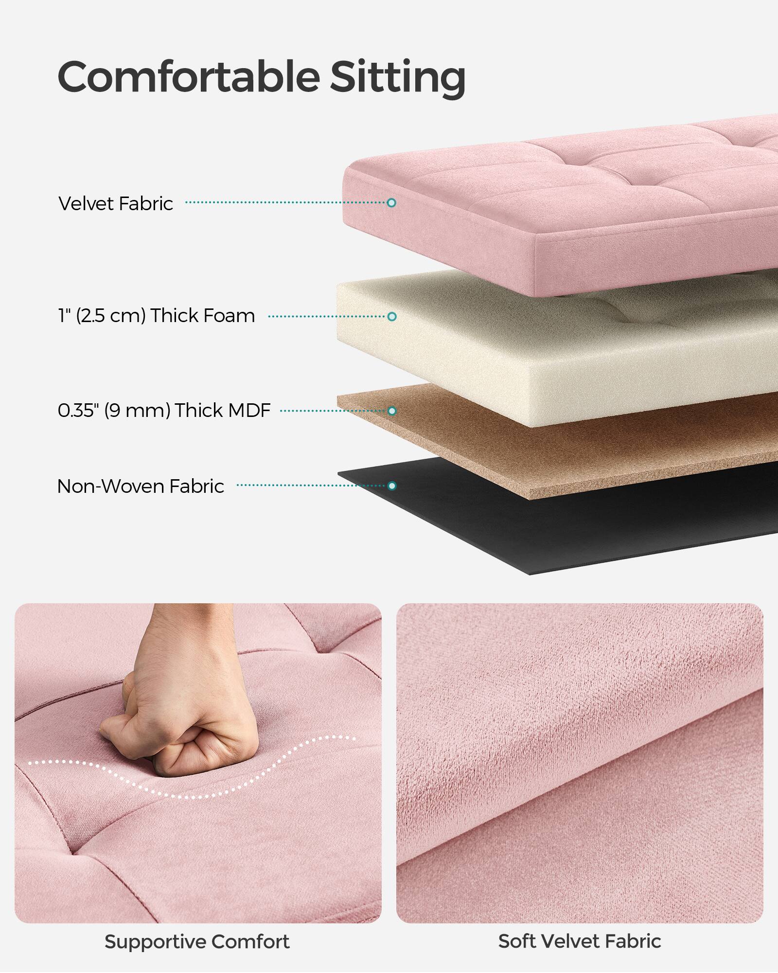 Comfortable Sitting  
Velvet Fabric  
1" (2.5 cm) Thick Foam  
0.35" (9 mm) Thick MDF  
Non-Woven Fabric  
Supportive Comfort  
Soft Velvet Fabric