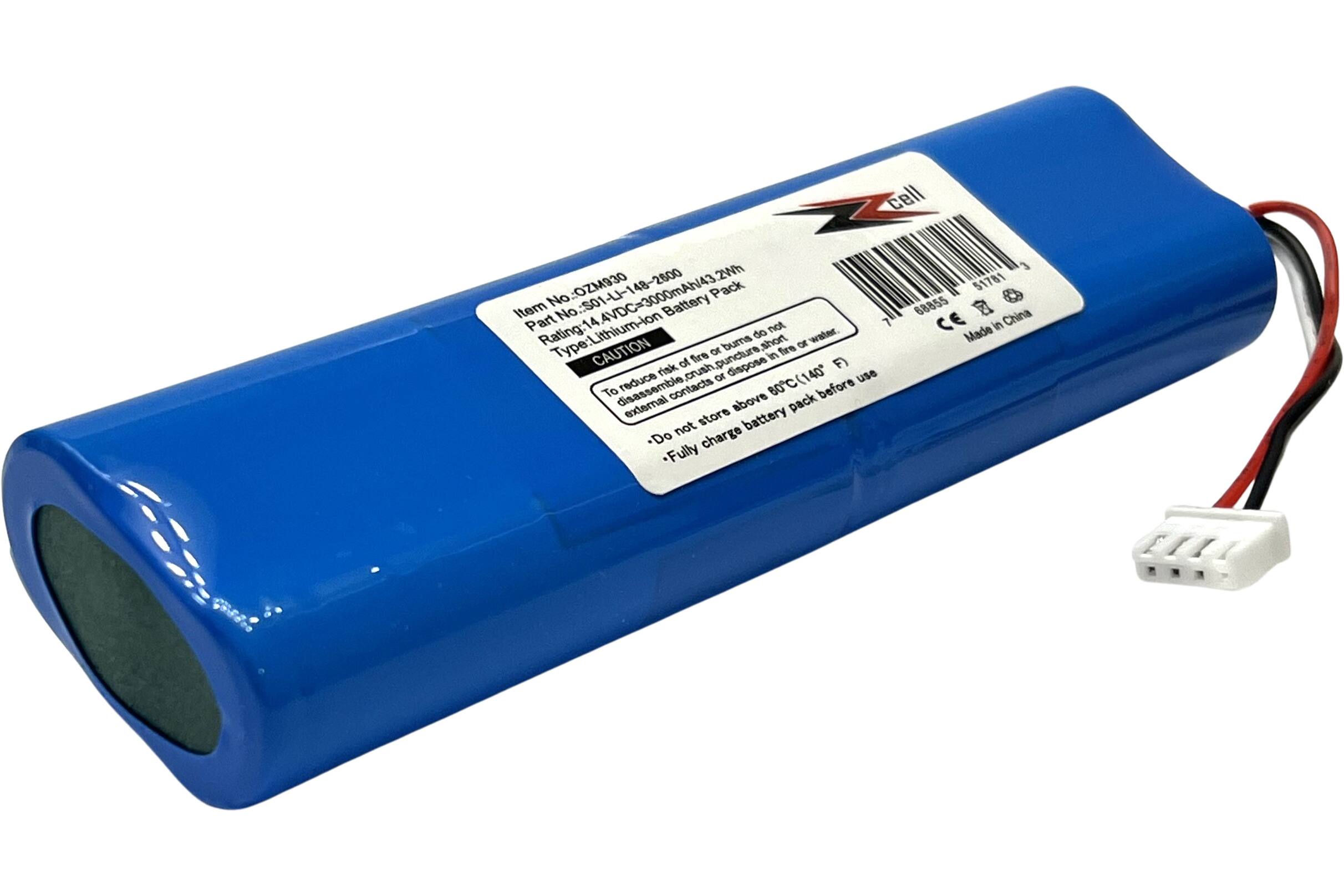 Cell

Item No: OZM930  
Part No: S01-LJ-148-2800  
Rating: 14.8VDC=3000mAh/43.2Wh  
Type: Lithium-ion Battery Pack  

CAUTION  
To reduce risk of fire or burns do not disassemble, crush, puncture, dispose in fire or water.  
Do not charge battery pack above 80°C (140°F).  
Fully charge battery pack before use.  
Do not store battery pack in external contacts.  

Made in China  
CE