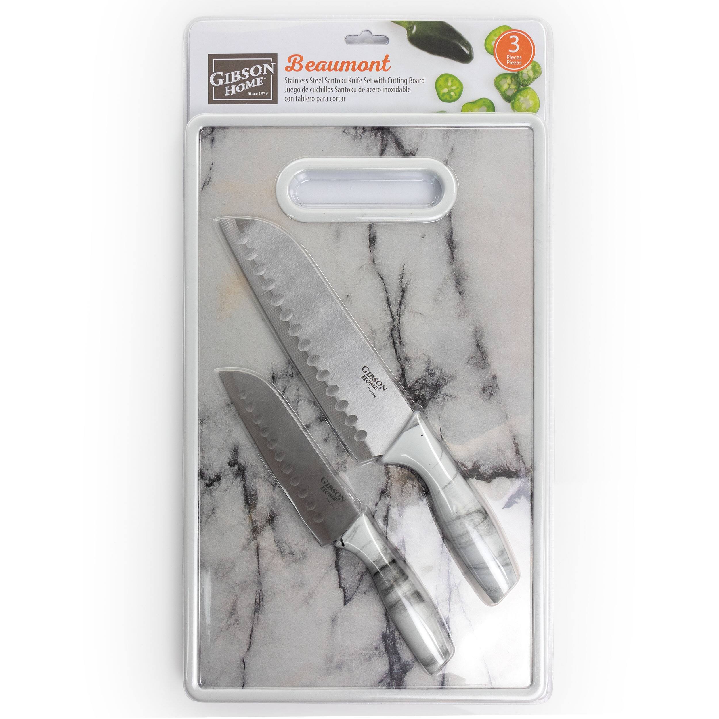 Beaumont GIBSON HOME Stainless Steel Santoku Knife Set with Cutting Board Juego de cuchillos Santoku de acero inoxidable - 2 tablero para cortar 3 Peces Finze GIBSON I Co GISSON