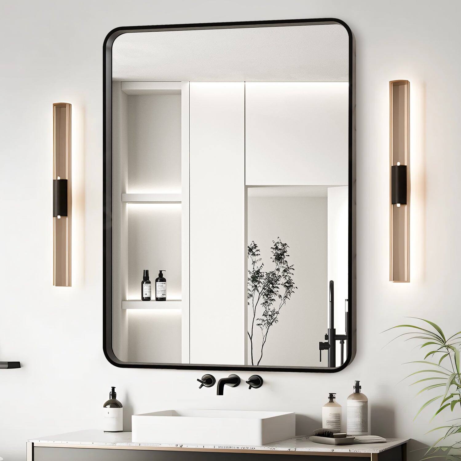 Front. BreeBe - 28x36 Inch Black Aluminium Frame Bathroom Mirror - Black.