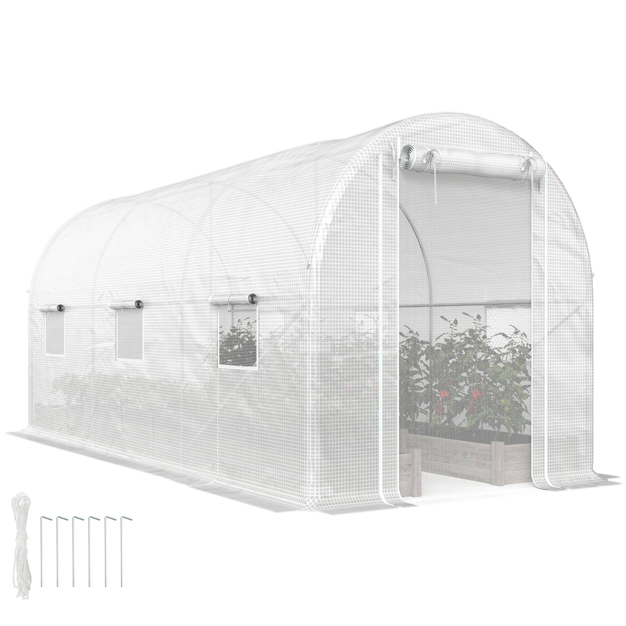 Front. Outsunny - 14.6'x6.5'x6.6' Hoop House Greenhouse with 2 Support Rods, Zippered Roll-up Mesh Door, Mesh Windows.