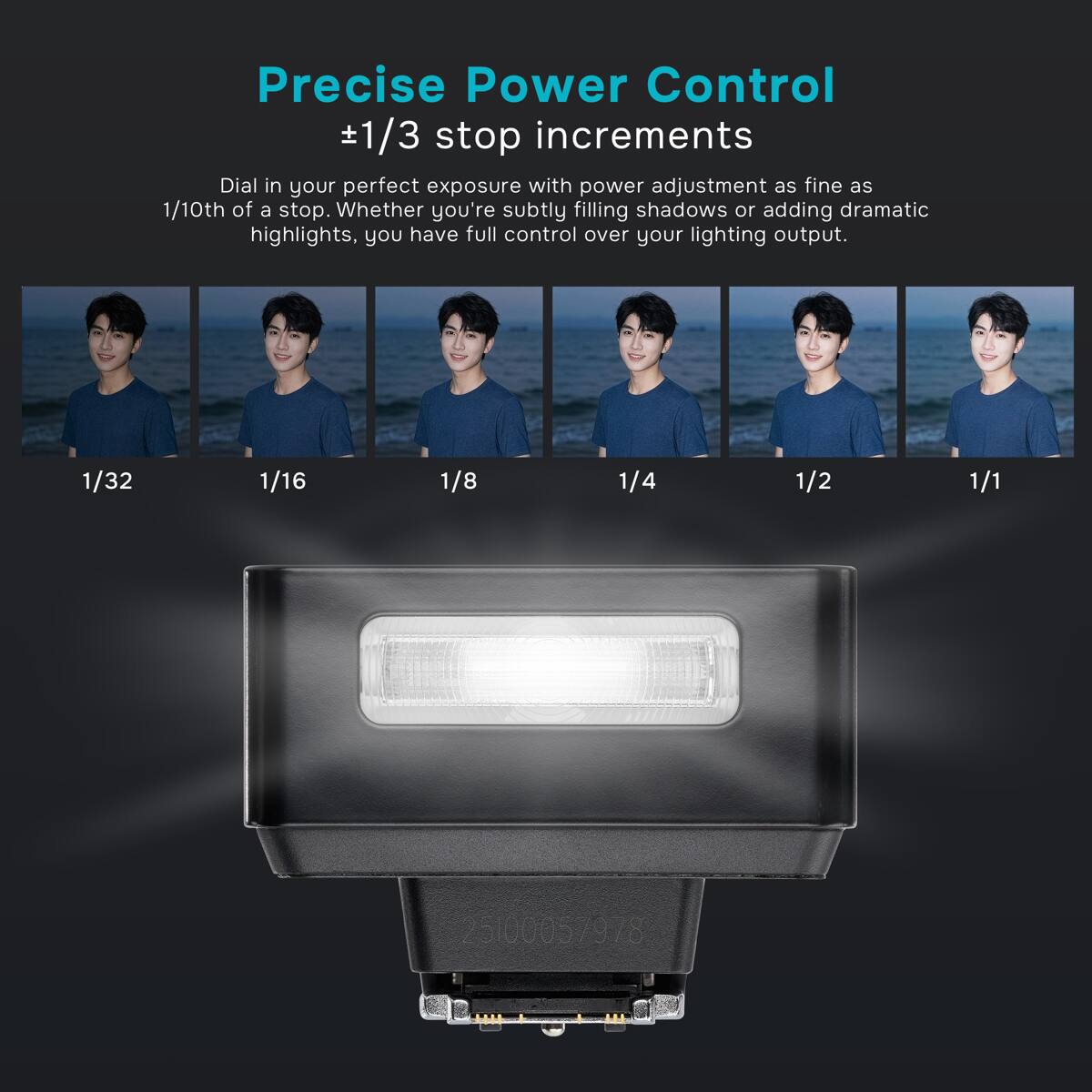 Precise Power Control  
±1/3 stop increments  

Dial in your perfect exposure with power adjustment as fine as 1/10th of a stop. Whether you're subtly filling shadows or adding dramatic highlights, you have full control over your lighting output.  

1/32  
1/16  
1/8  
1/4  
1/2  
1/1  

25100057978  
IIII