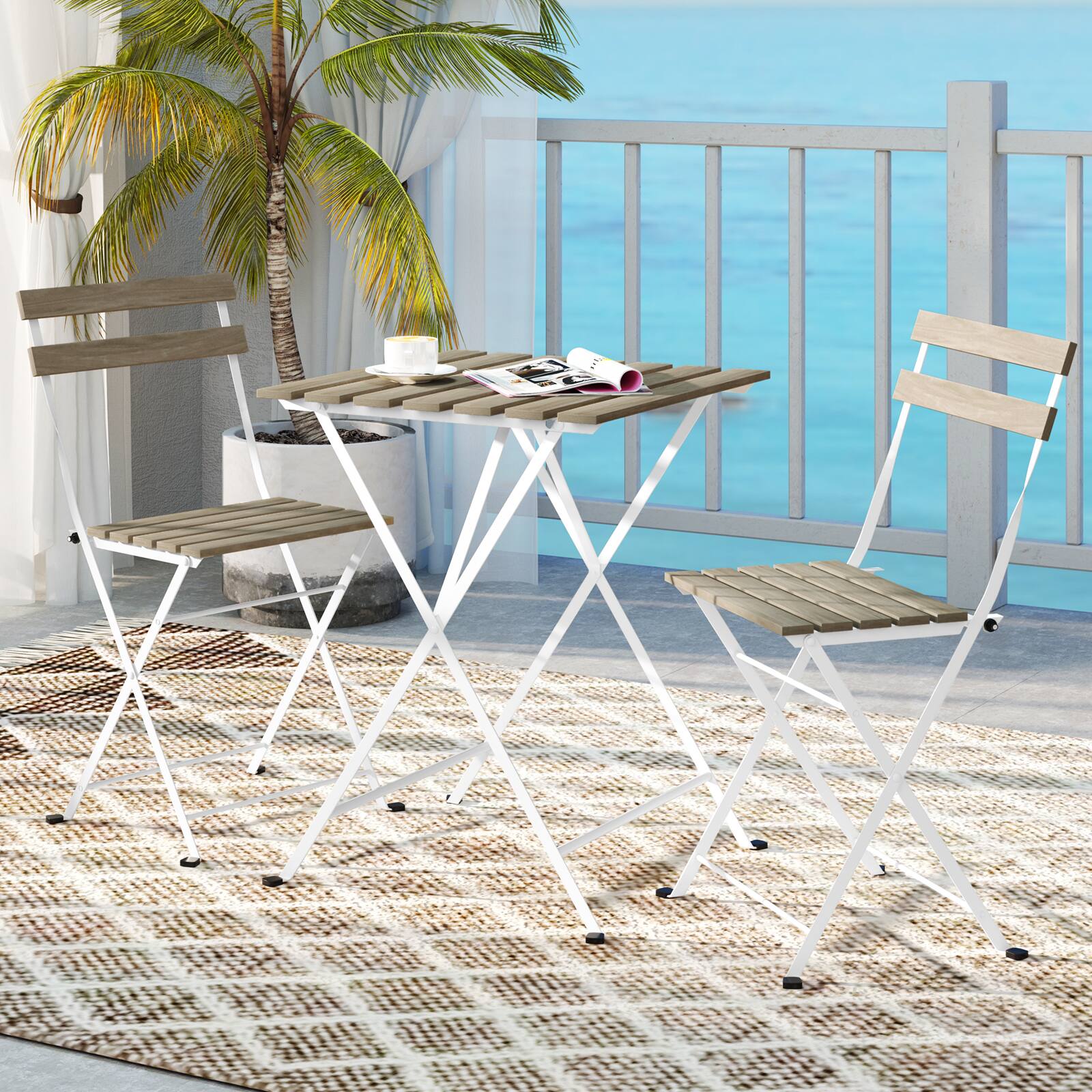 Alt View 1. Costway - Costway 3 PCS Patio Acacia Wood Bistro Set Bistro Table with 2 Folding Chairs Slatted Seat - Gray.