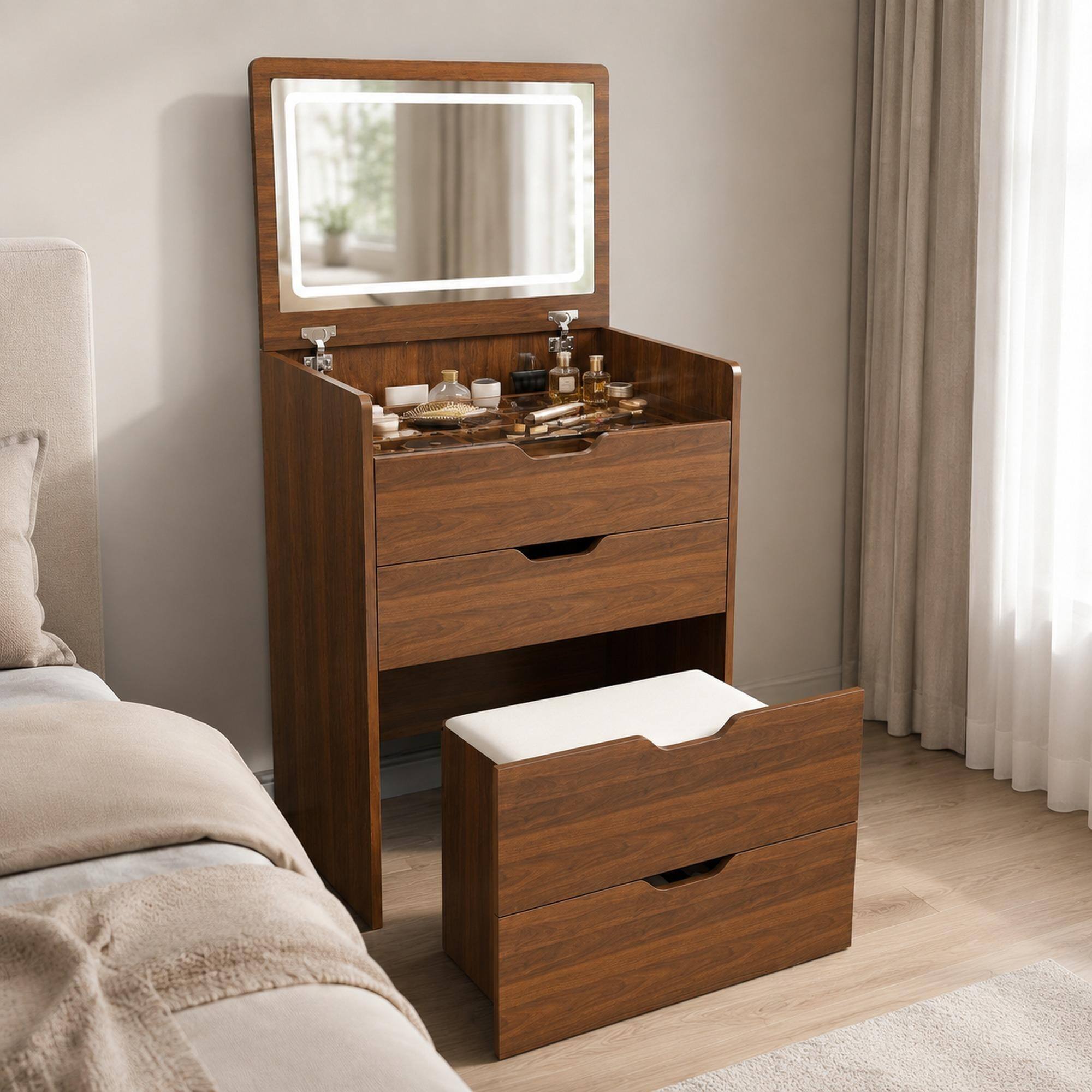 Front. RYHNUYNE - 3-in-1 Vanity Desk with Flip Top Lighted Mirror, Storage Stool, Compact Makeup Dressing Table, Walnut, 23 - Walnut.