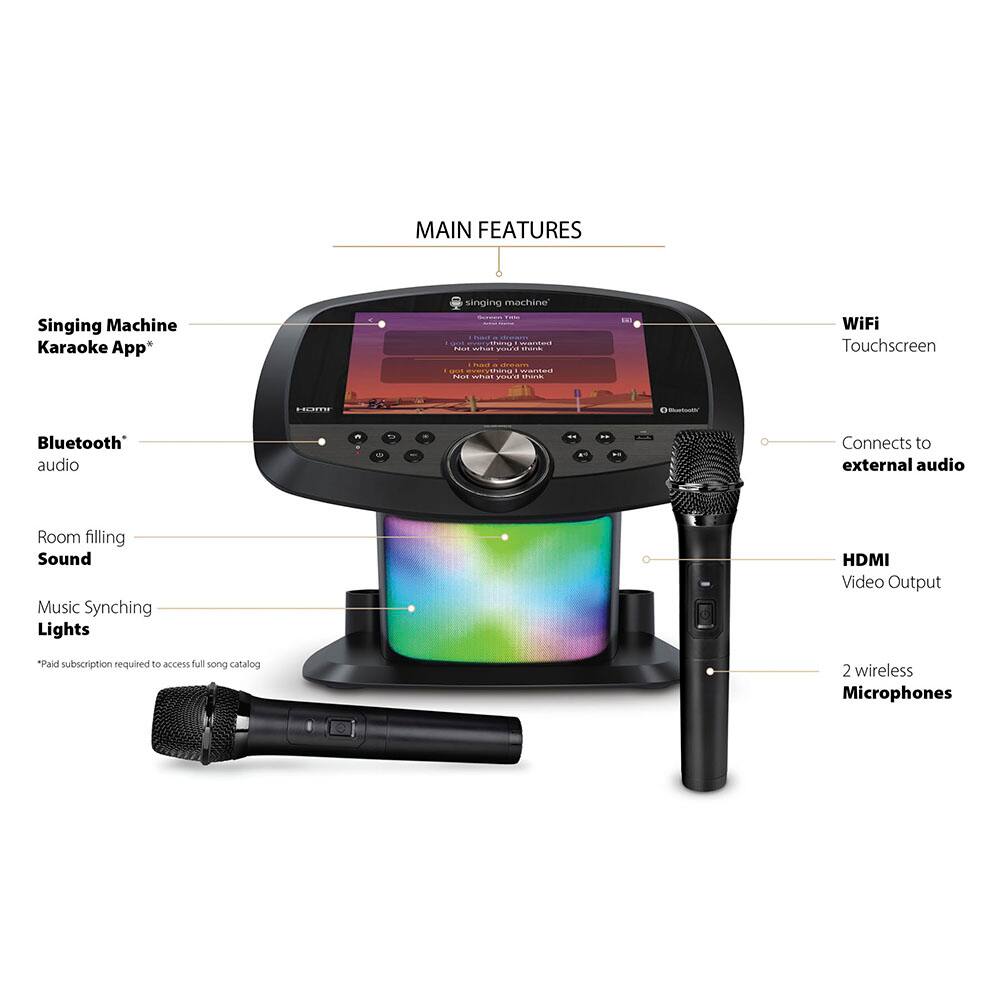 MAIN FEATURES

- Singing Machine Karaoke App*
- WiFi Touchscreen
- Bluetooth® audio
- Room filling Sound
- Music Synching Lights
- HDMI Video Output
- Connects to external audio
- 2 wireless Microphones

*Paid subscription required to access full song catalog