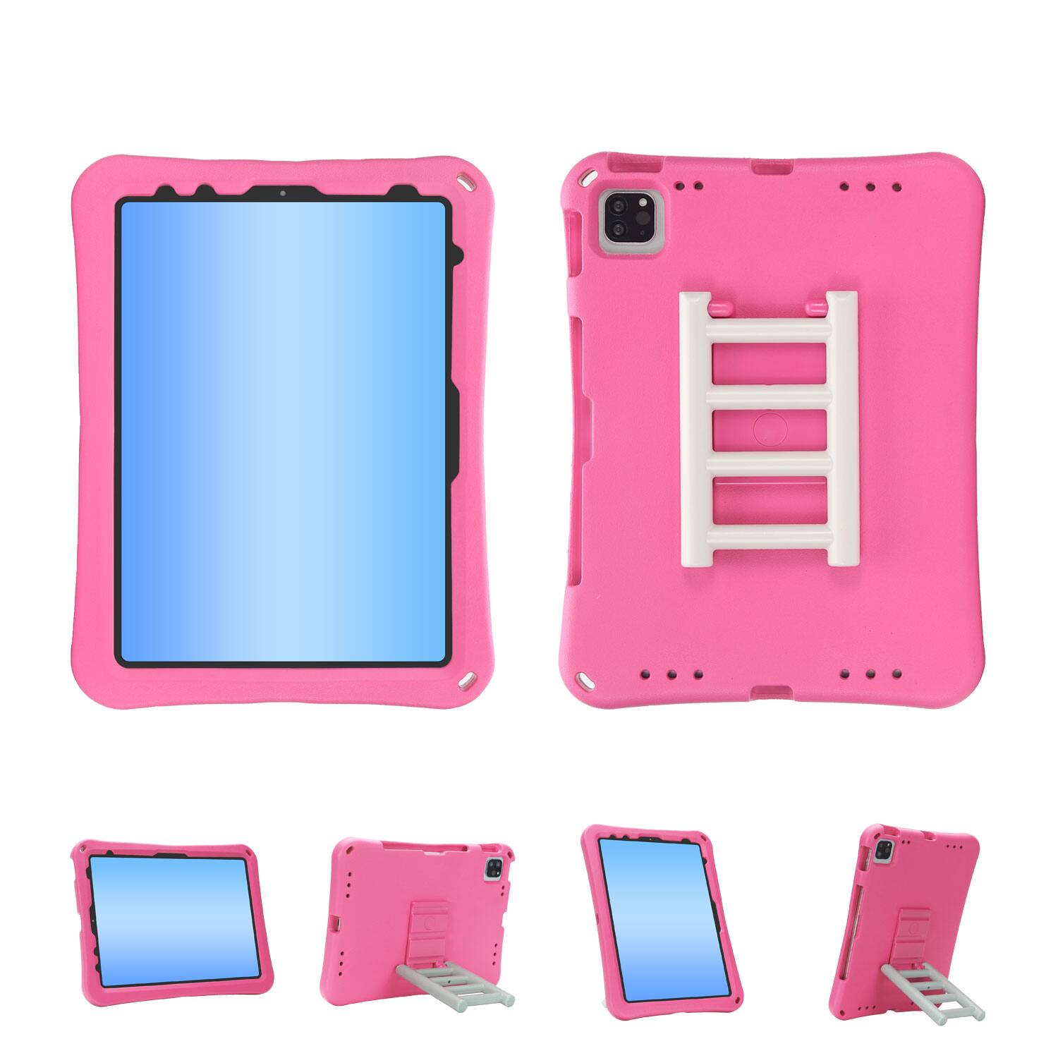 The image shows a pink tablet case with a built-in stand.
