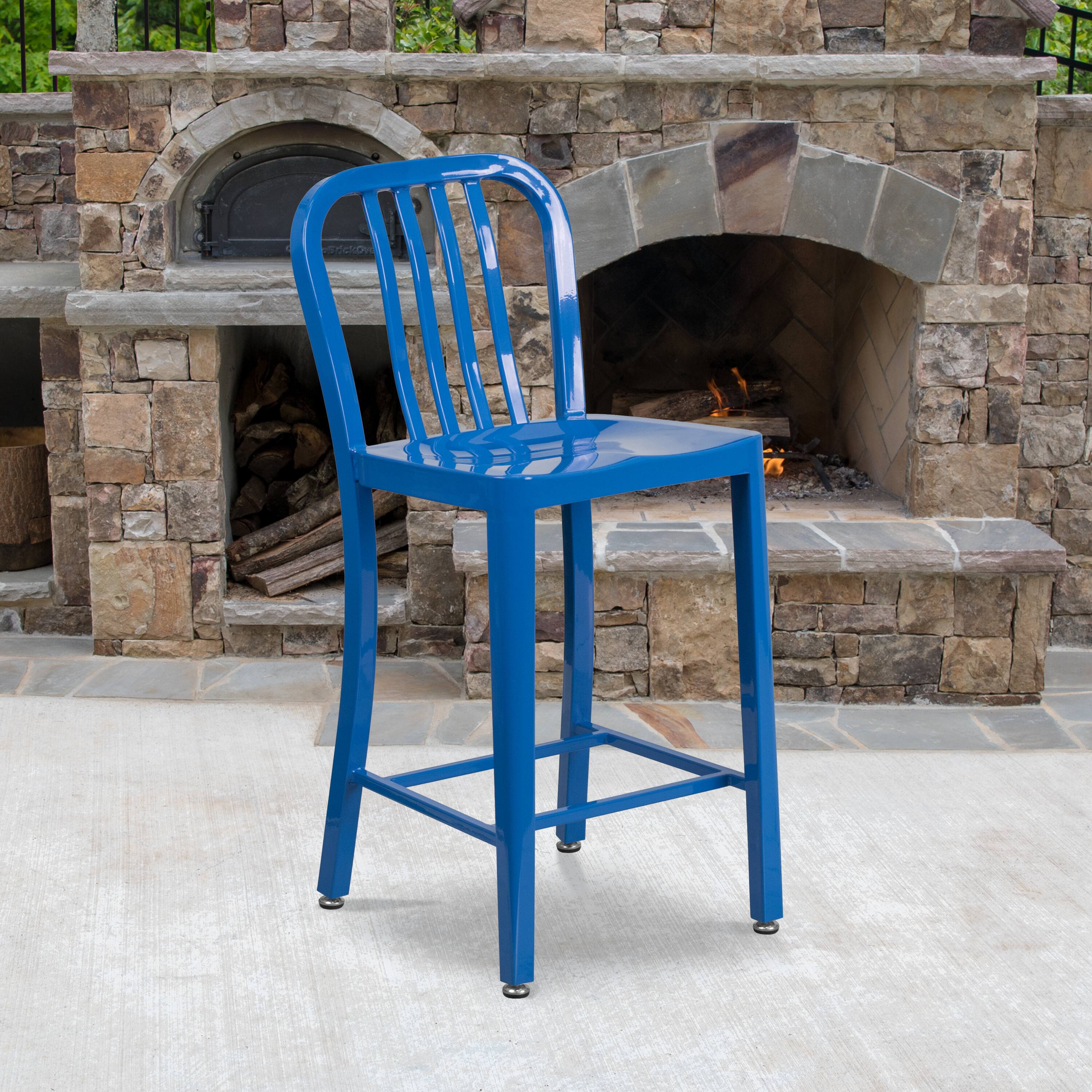 Alt View 1. Emma + Oliver - Commercial Grade 24"H Colorful Metal Indoor-Outdoor Vertical Slat Counter Stool - Blue.