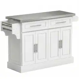 PULUZ - Rolling Kitchen Island Cart with 47 inch Stainless Steel Top, Portable Island Table for Kitchen with Wheels - White