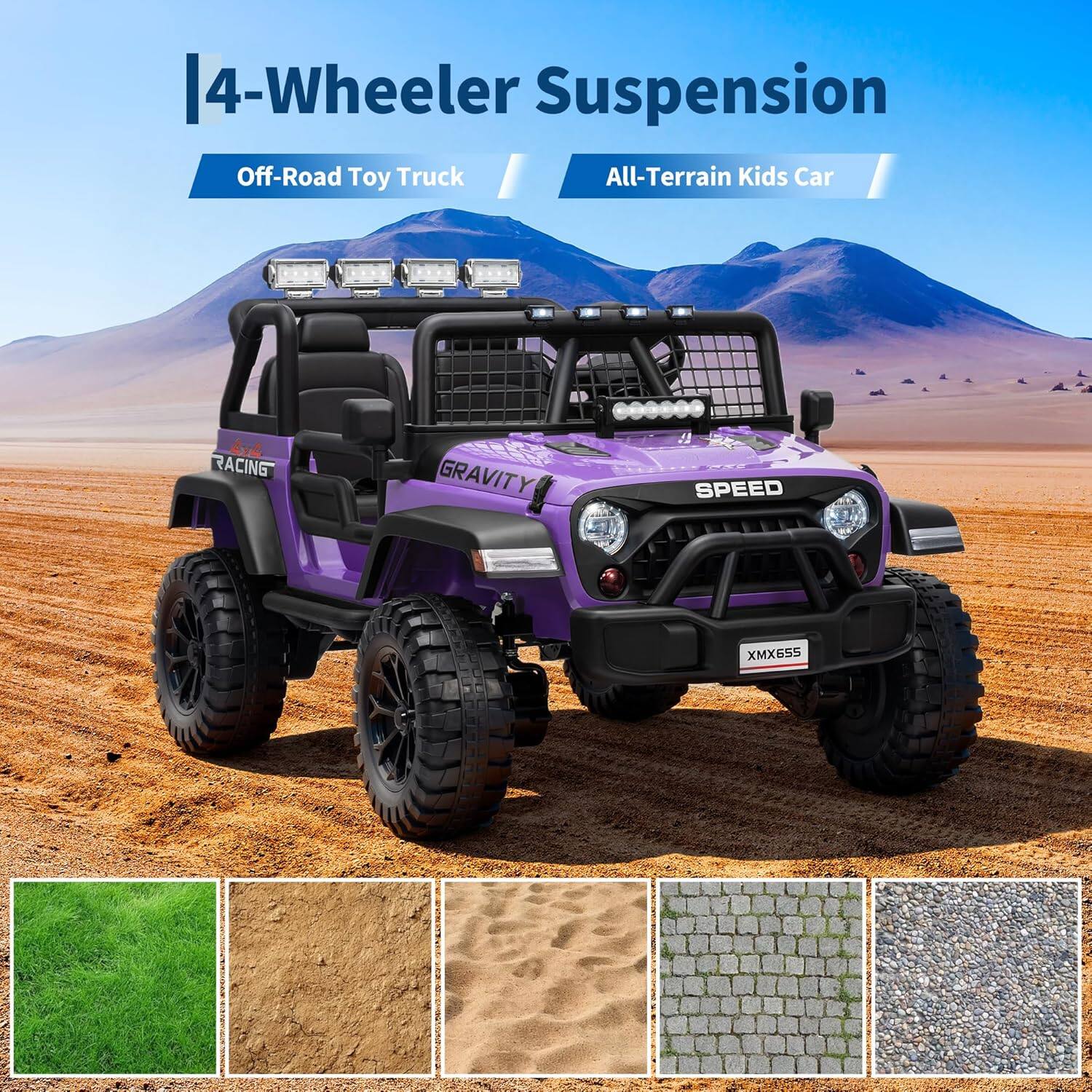 4-Wheeler Suspension  
Off-Road Toy Truck  
All-Terrain Kids Car  

RACING  
GRAVITY  
SPEED  
XMX655