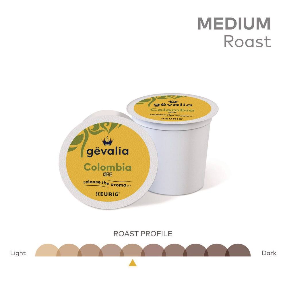 MEDIUM Roast  
gévalia Colombia  
release the aroma...  
KEURIG  

ROAST PROFILE  
Light  
Medium  
Dark