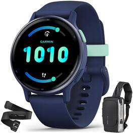 Garmin - Vivoactive 5 Fitness Smartwatch Navy + Backpack & Heart Rate Strap XS-S - Metallic Navy Aluminum and Navy - (2023)