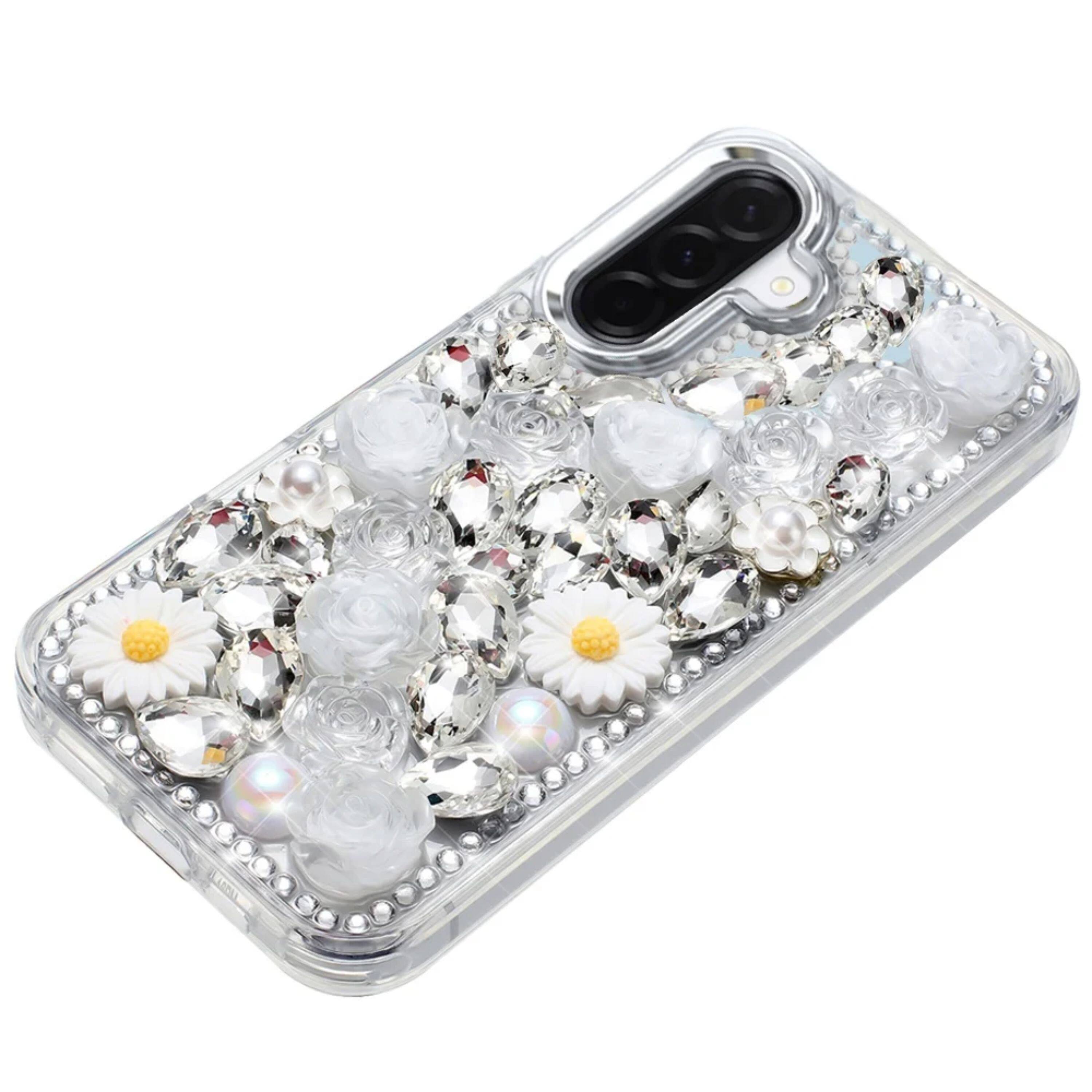 Left. Kitcheniva - Full 3D Floral Rhinestone Jewel Phone Case With Tempered Glass For Samsung Galaxy A57 5G Purple - Purple.