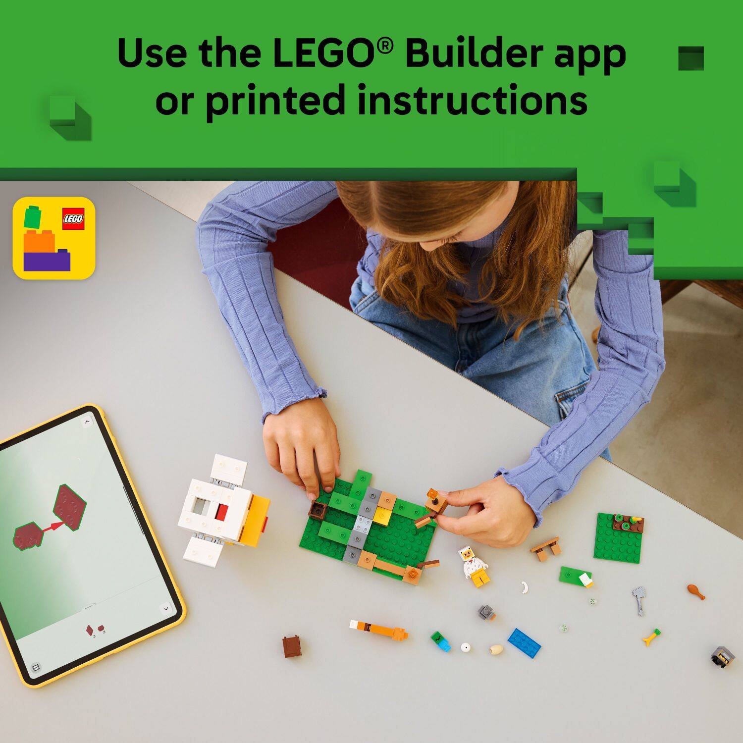 Use the LEGO® Builder app or printed instructions