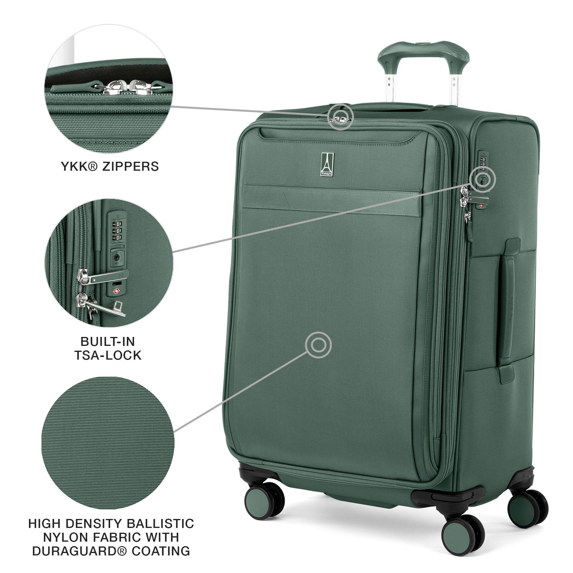 YKK® ZIPPERS  
BUILT-IN TSA-LOCK  
HIGH DENSITY BALLISTIC NYLON FABRIC WITH DURAGUARD® COATING