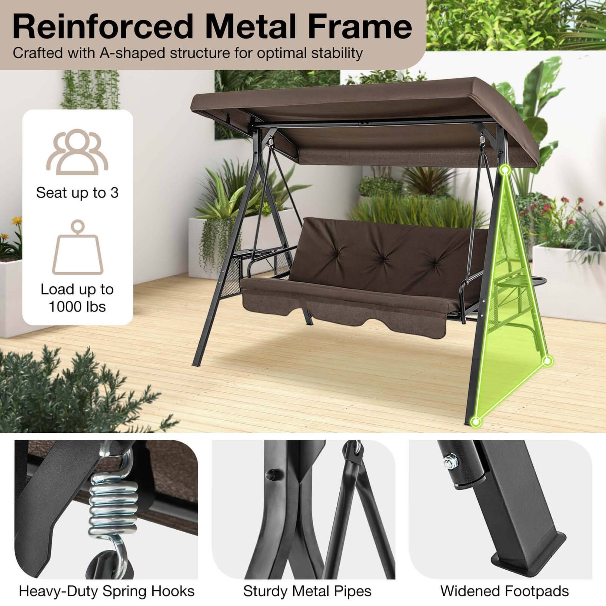 Reinforced Metal Frame Crafted with A-shaped structure for optimal stability. Seat up to 3 people. Load up to 1000 lbs. Heavy-Duty Spring Hooks. Sturdy Metal Pipes. Widened Footpads.