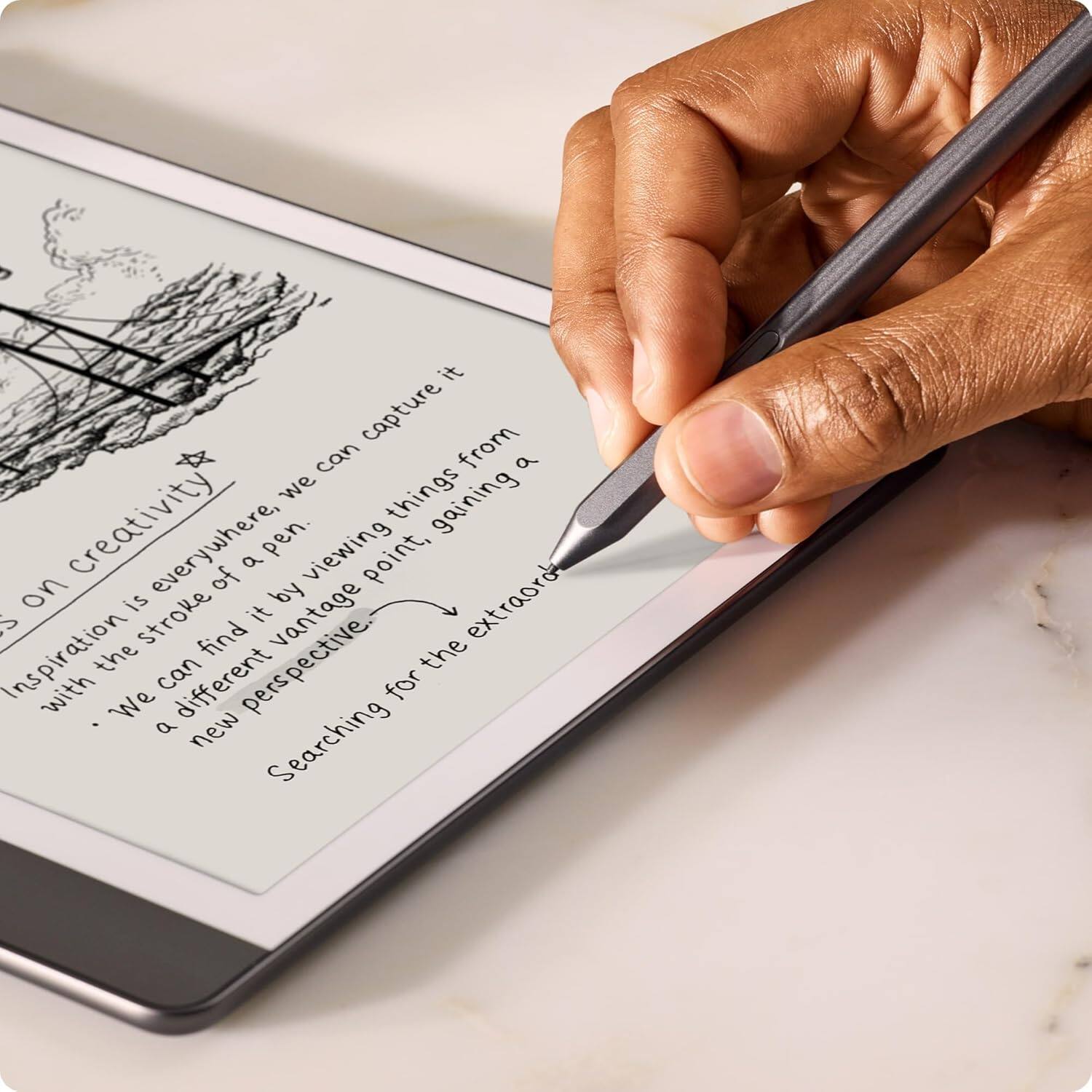 The text on the image is about the benefits of using a pen and paper to capture ideas and inspiration. The person is writing on a tablet, which is an electronic device that can be used for various purposes, including taking notes and brainstorming ideas. The text emphasizes the importance of creativity and the ability to find inspiration from different perspectives. The person is using a pen to write on the tablet, which can be seen as a traditional and effective way to capture thoughts and ideas.