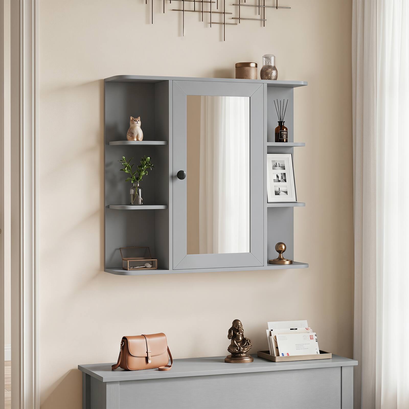 Alt View 4. Costway - Costway Wall Mounted Bathroom Medicine Cabinet with Mirror & Shelves, 3 Inner Shelves - Gray.