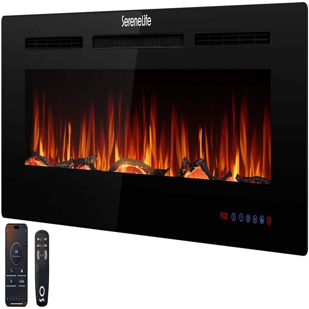 SereneLife - 50 inch Electric Fireplace Heater with LED Flame, Smart Wi-Fi, Remote, Thermostat, 13 Color Modes