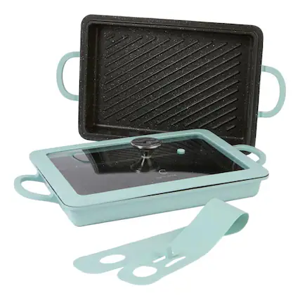 Front. Curtis Stone - Curtis Stone 13-in-1 Dura-Pan+ Sauté Pan with Grill Pan and Lid Teal - Teal.