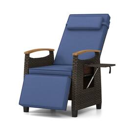 Costway - 1 PCS Patio Wicker Recliner Chair with Adjustable Backrest Footrest Flip Side Table - Navy