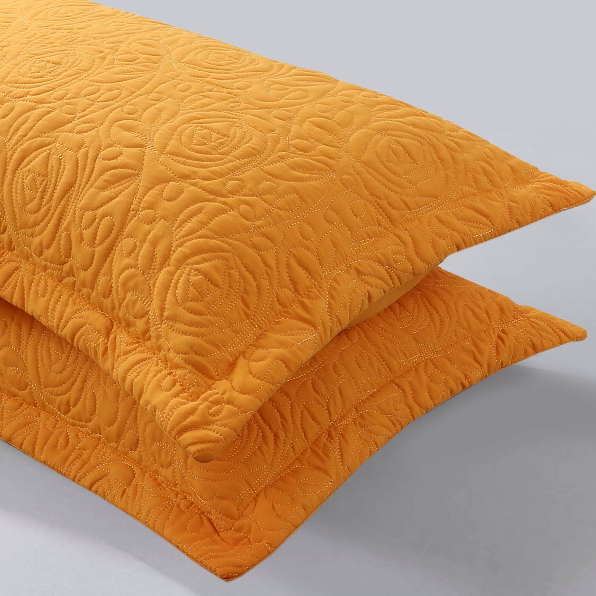 Left. MarCielo - 2-Pack Embroidered Solid Color Pillow Shams Polyester - Turmeric.