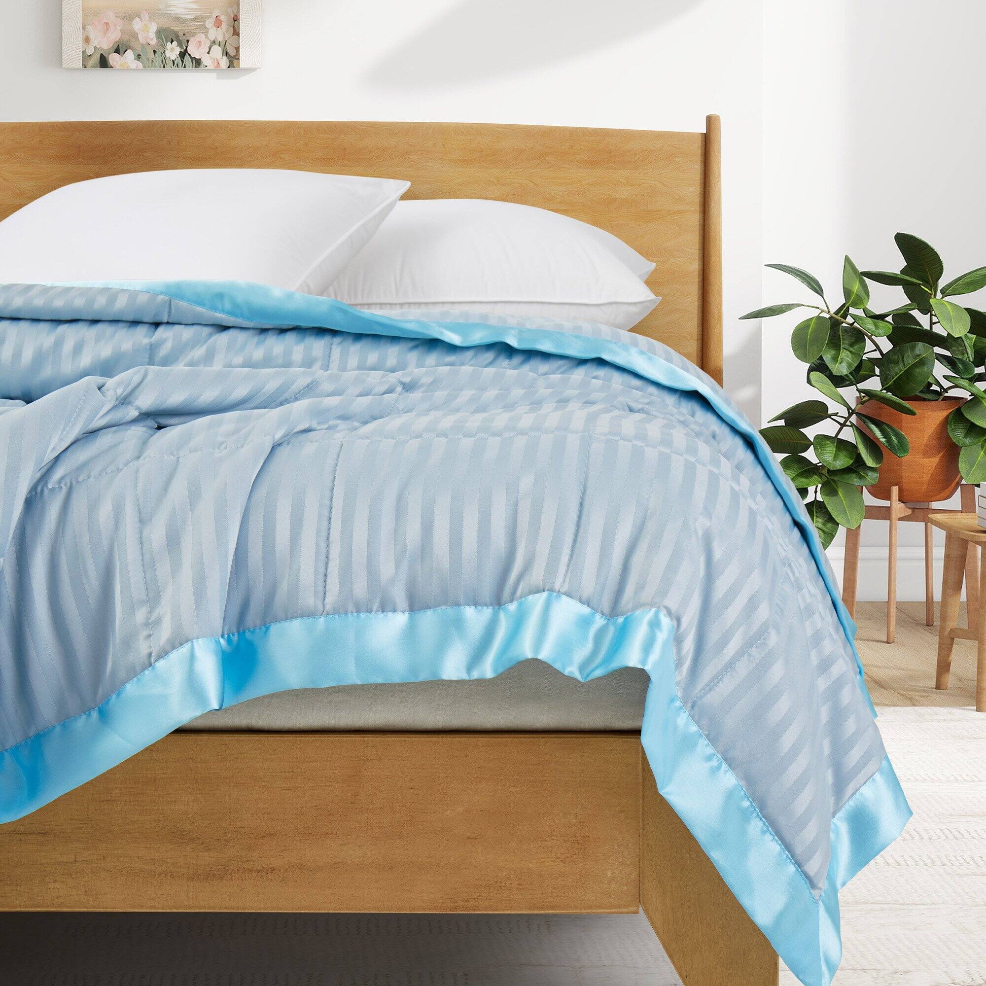 Left. Nest - Peace Nest Hotel Quality Luxury All Season Jacquard Soft Bed Blanket with Satin Trim Cozy and Warm - Blue.