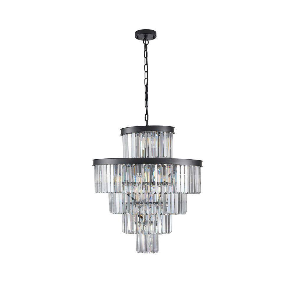 Angle. Kadyn - 24" Luxury Crystal Chandelier with Black Finish – Elegant 15-Light 5 Tier Pendant Light Fixture, Black - Black.