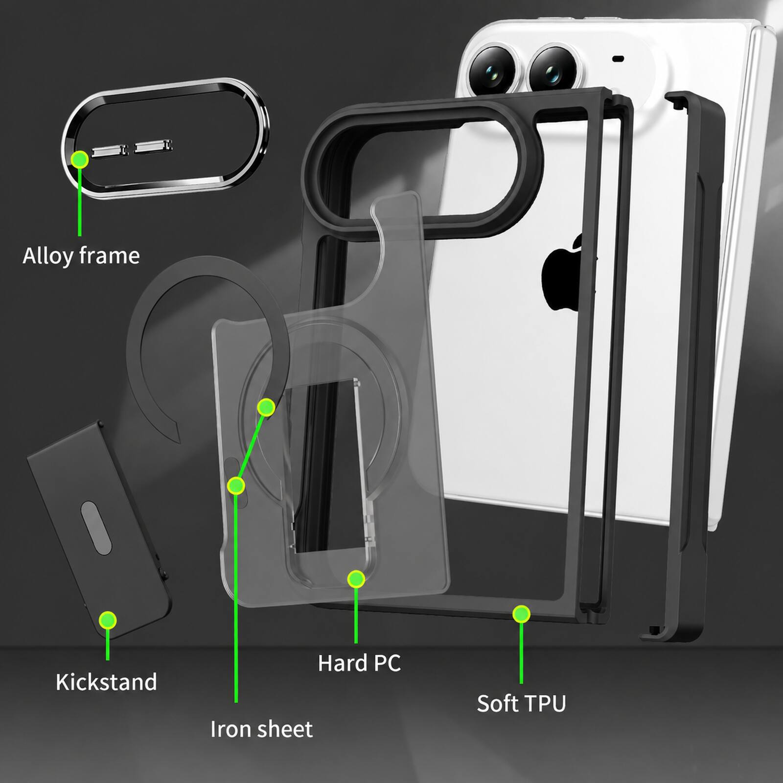 Alloy frame  
Kickstand  
Hard PC  
Iron sheet  
Soft TPU