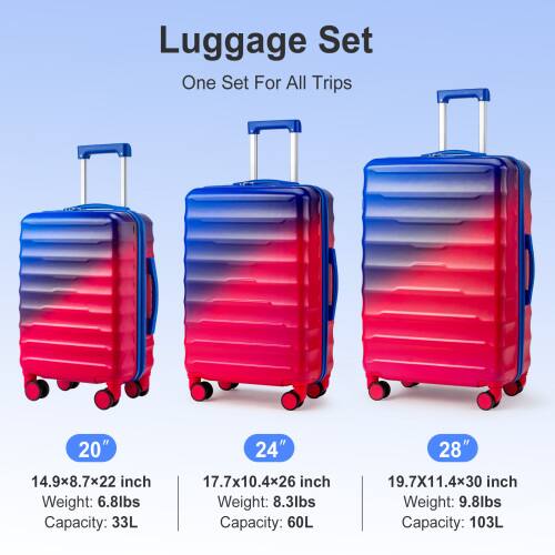 Luggage Set  
One Set For All Trips  

20"  
14.9x8.7x22 inch  
Weight: 6.8lbs  
Capacity: 33L  

24"  
17.7x10.4x26 inch  
Weight: 8.3lbs  
Capacity: 60L  

28"  
19.7x11.4x30 inch  
Weight: 9.8lbs  
Capacity: 103L