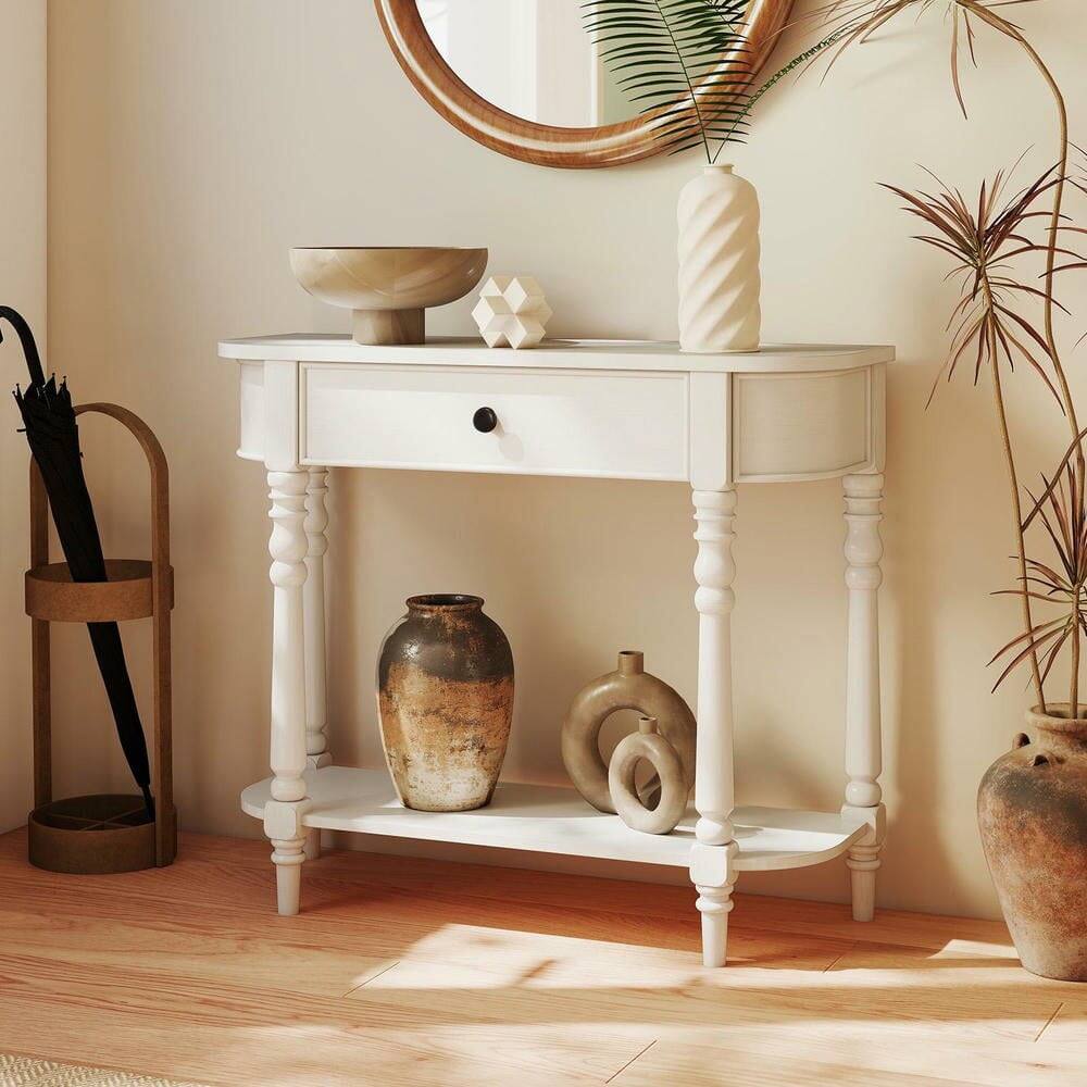 Back. Resenkos - 36"L Retro Wooden 2-Tier Narrow Console Table for Behind Couch/Foyer, White - White.