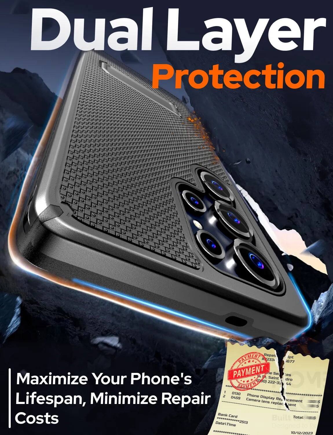 Dual Layer Protection  
Maximize Your Phone's Lifespan, Minimize Repair Costs  

PAYMENT  
#233  
Repair  
Phone Display Replacement  
Camera Lens Replacement  

Bank Card  
Total:  
Date/Time: 10/12/2023
