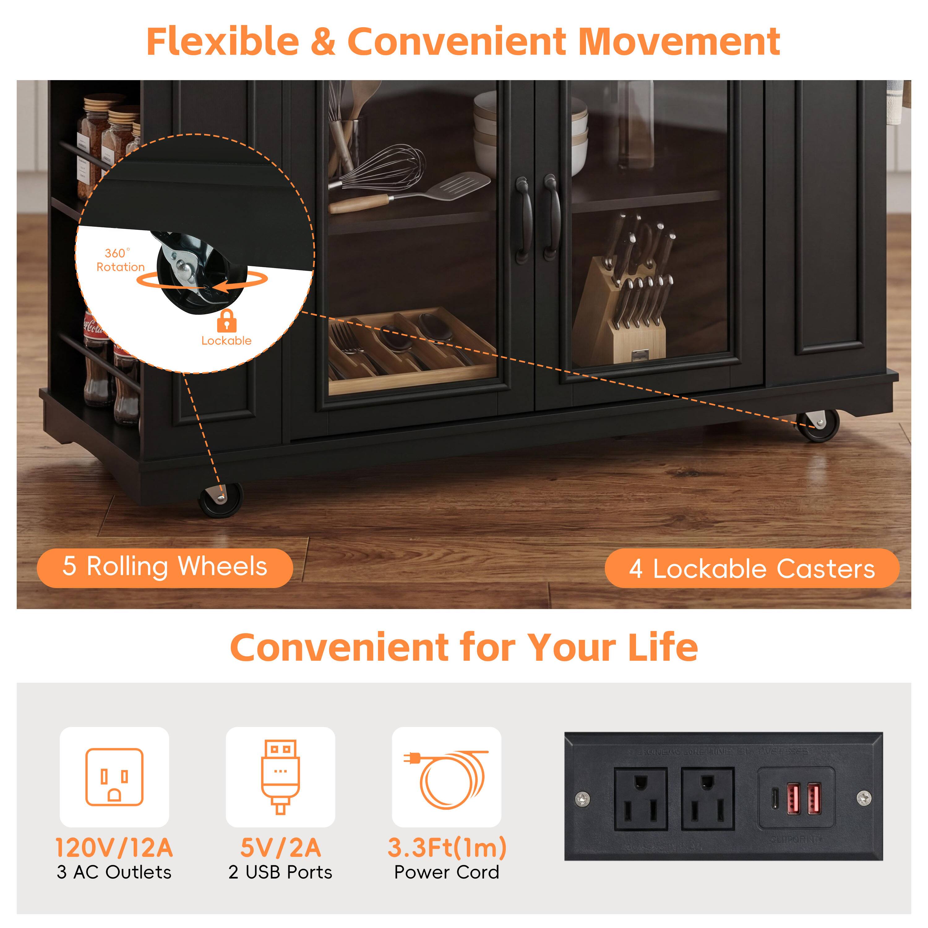 Flexible & Convenient Movement  
360° Rotation  
Lockable  
5 Rolling Wheels  
4 Lockable Casters  

Convenient for Your Life  
120V/12A  
3 AC Outlets  
5V/2A  
2 USB Ports  
3.3Ft (1m) Power Cord