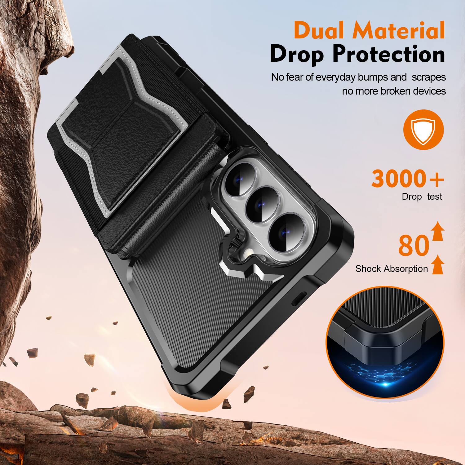 Dual Material Drop Protection  
No fear of everyday bumps and scrapes, no more broken devices  

3000+ Drop test  
80 Shock Absorption