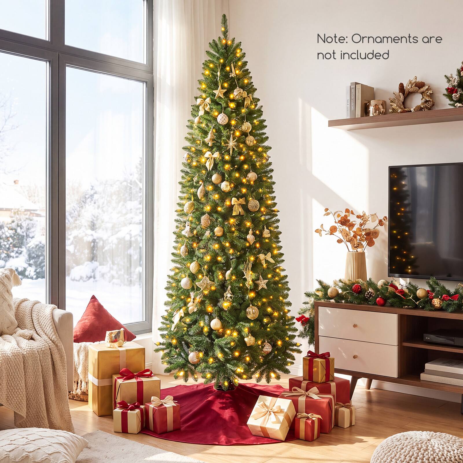 Costway 8 FT Pencil Christmas Tree with 1138 Full Branch Tips, 380 LED ...