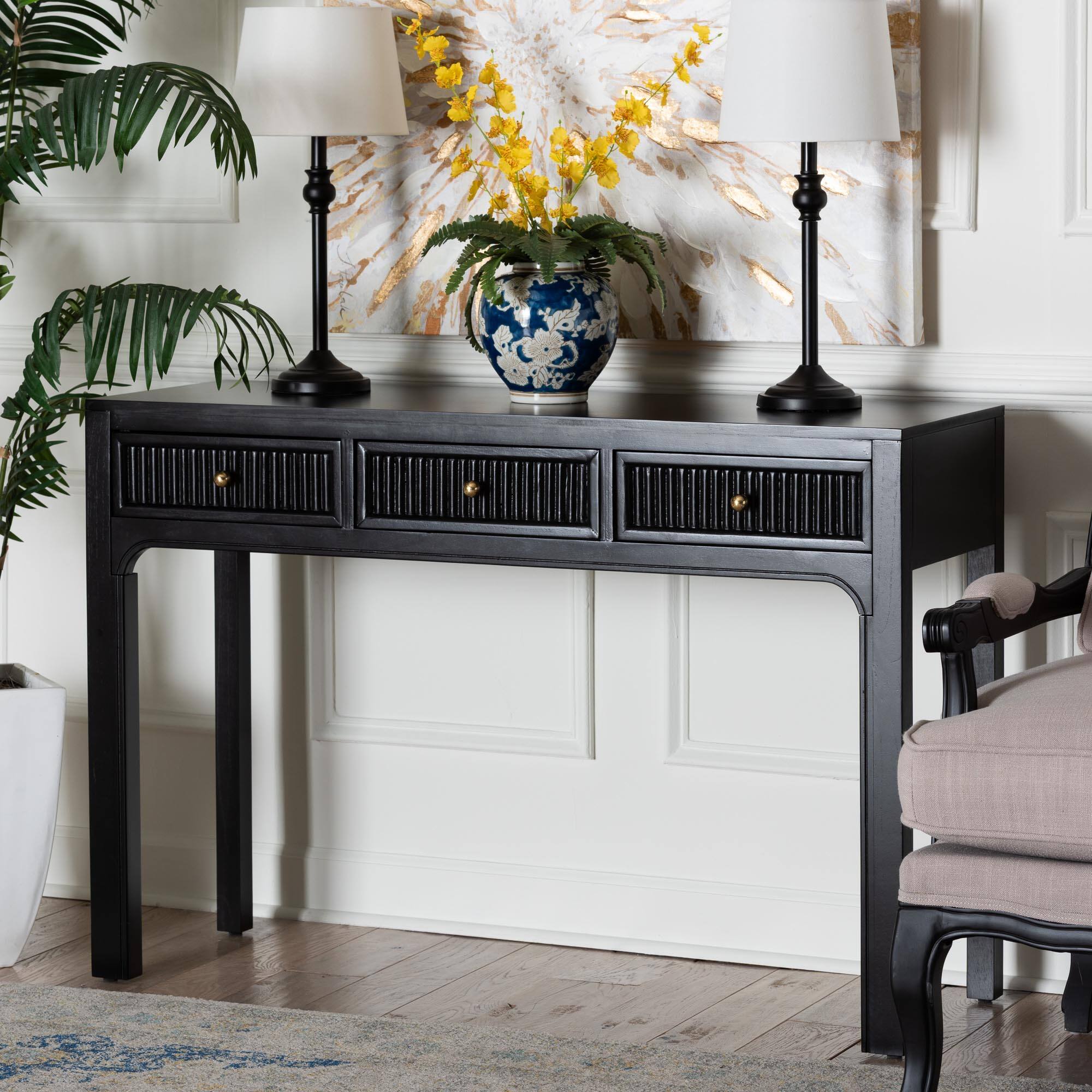 Alt View 5. bali & pari - Leah Console Table - 3-Drawer Accent Table with Fluted Wood Detailing for Living Room, Hallway, or Entryway - Black.