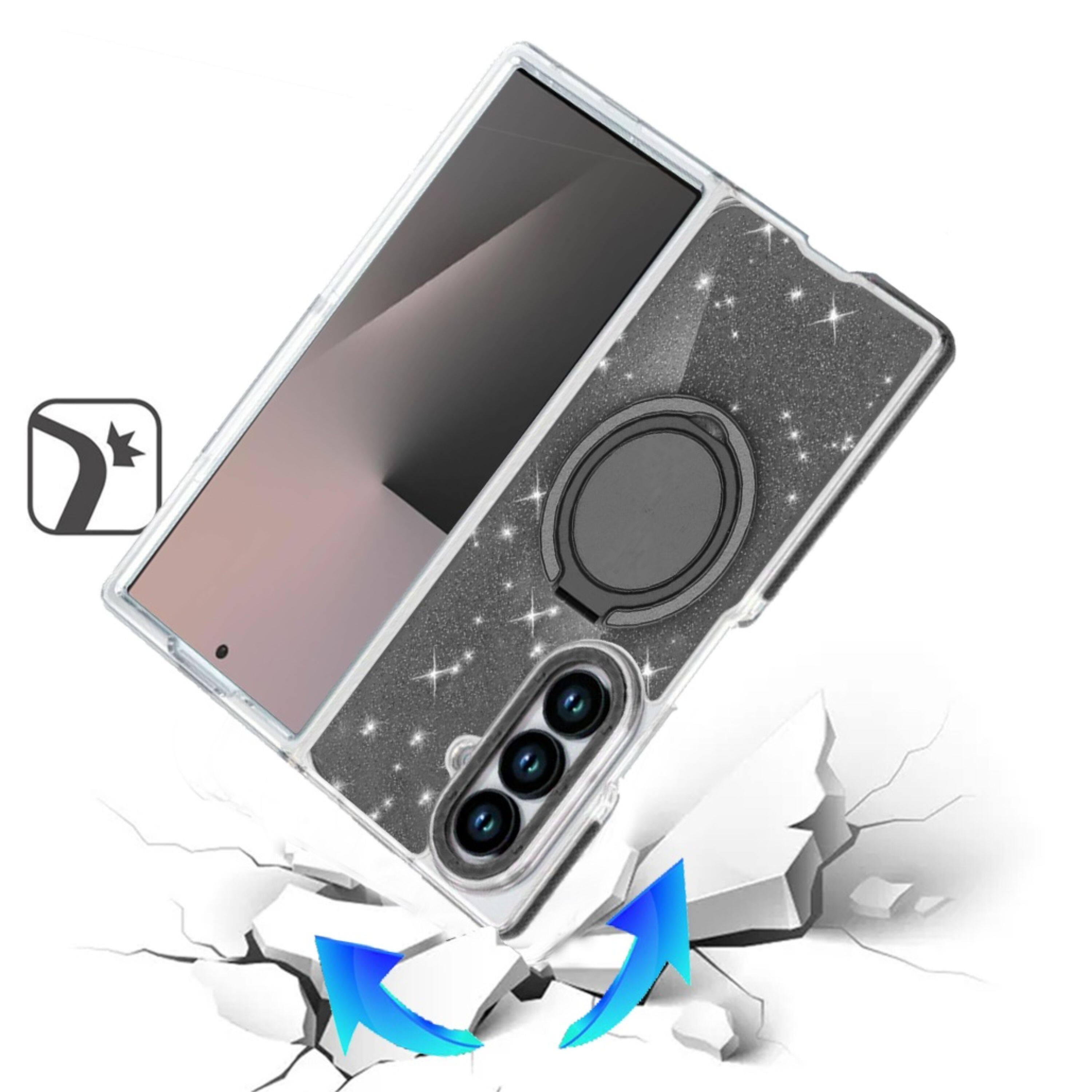 Left. Kitcheniva - Full Glitter Magnetic Circle Stand Phone Case With Tempered Glass For Samsung Galaxy Z Fold7 Black - Black.