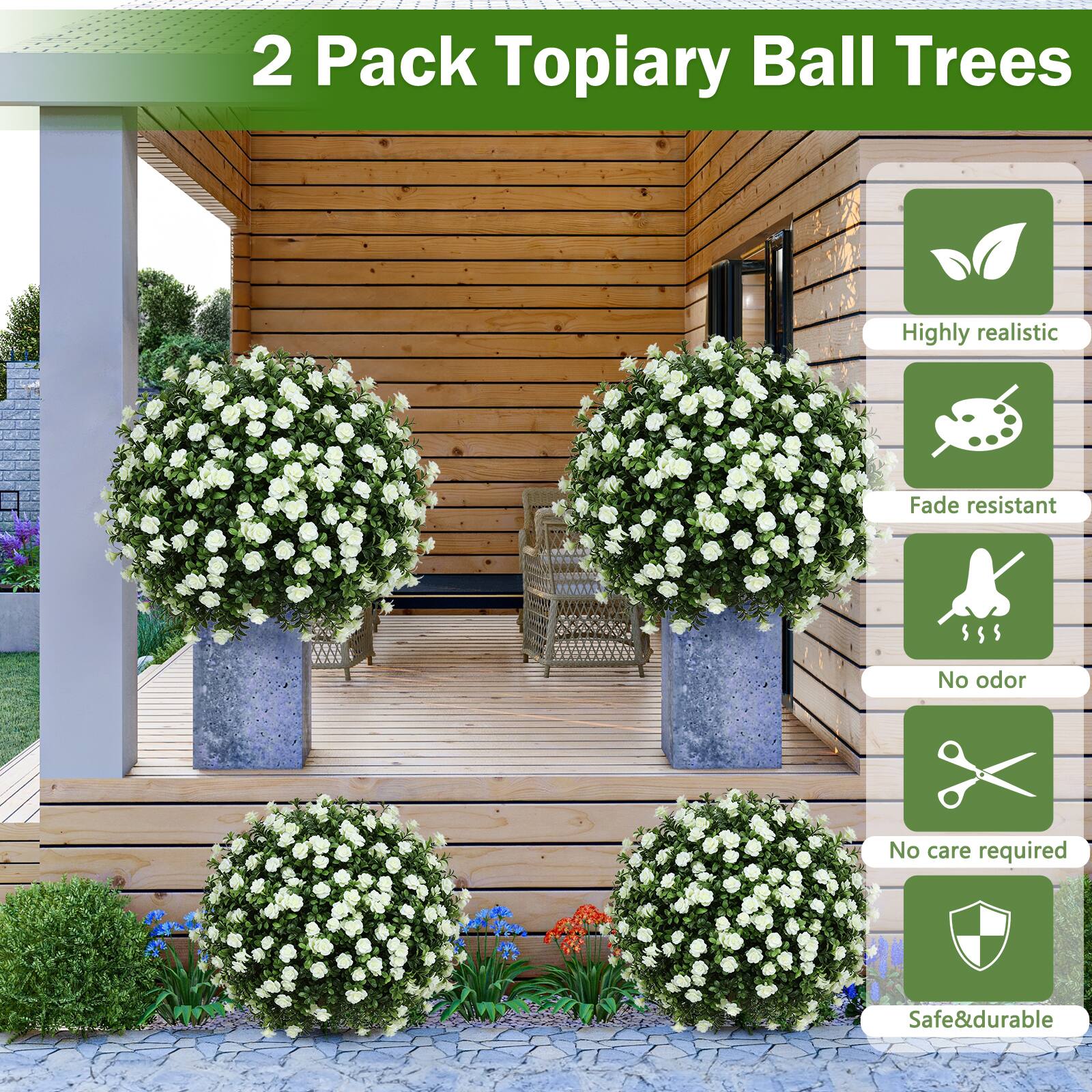 2 Pack Topiary Ball Trees

- Highly realistic
- Fade resistant
- No odor
- No care required
- Safe & durable