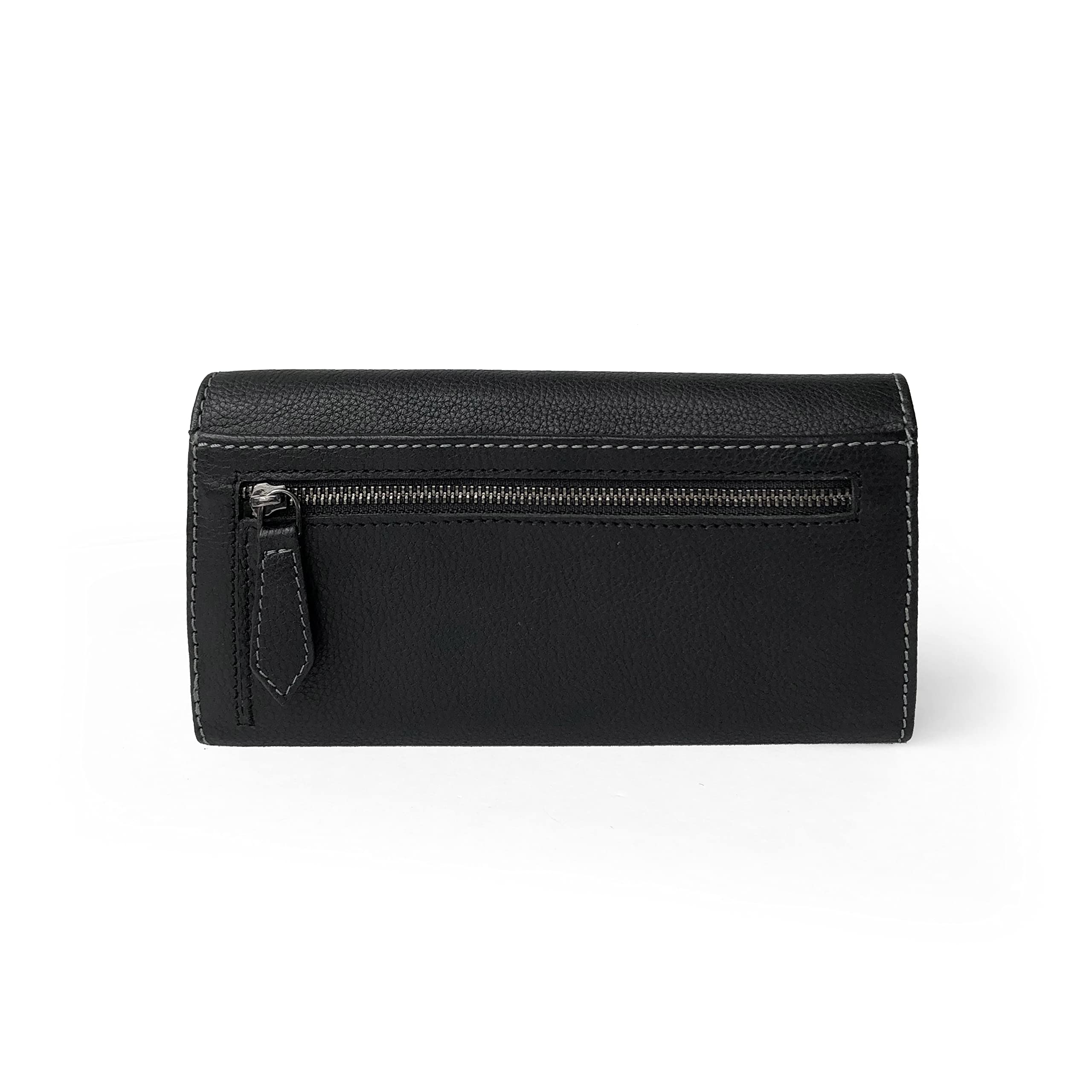Alt View 3. Club Rochelier - Women's Full Leather Trifold Clutch Wallet RFID Blocking, 21 Card Slots, ID Window, Gusseted Pockets, Zipper Coin Pocket - Black.